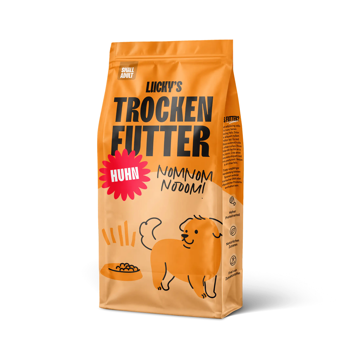 Huhn mit Süßkartoffel und Kräuter für kleine Rasse, getreidefreies Hundefutter in einer orangefarbenen Verpackung.