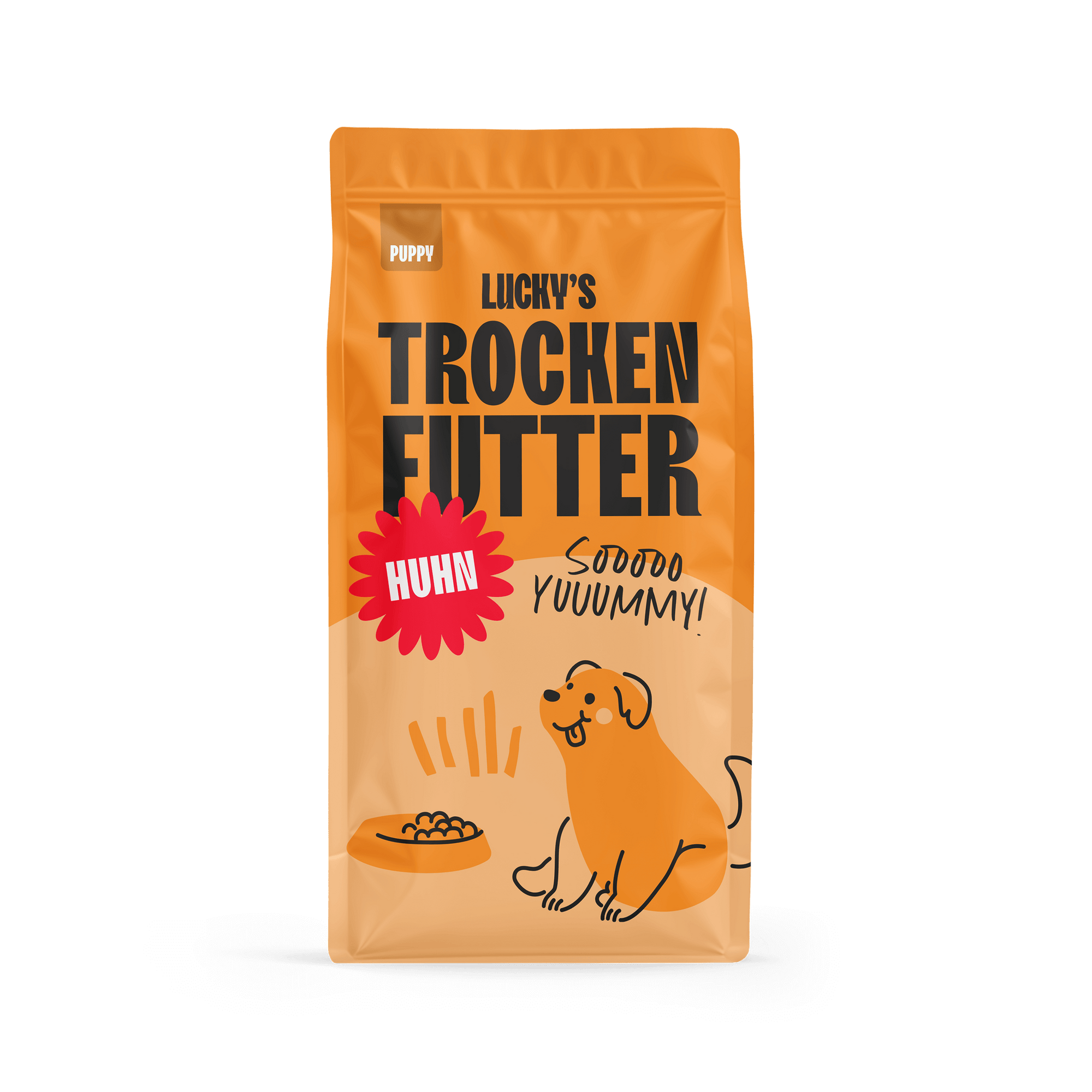 Huhn mit Truthan, Lachs, Süßkartoffel, Karotte | Welpenfutter in einer bunten Verpackung.