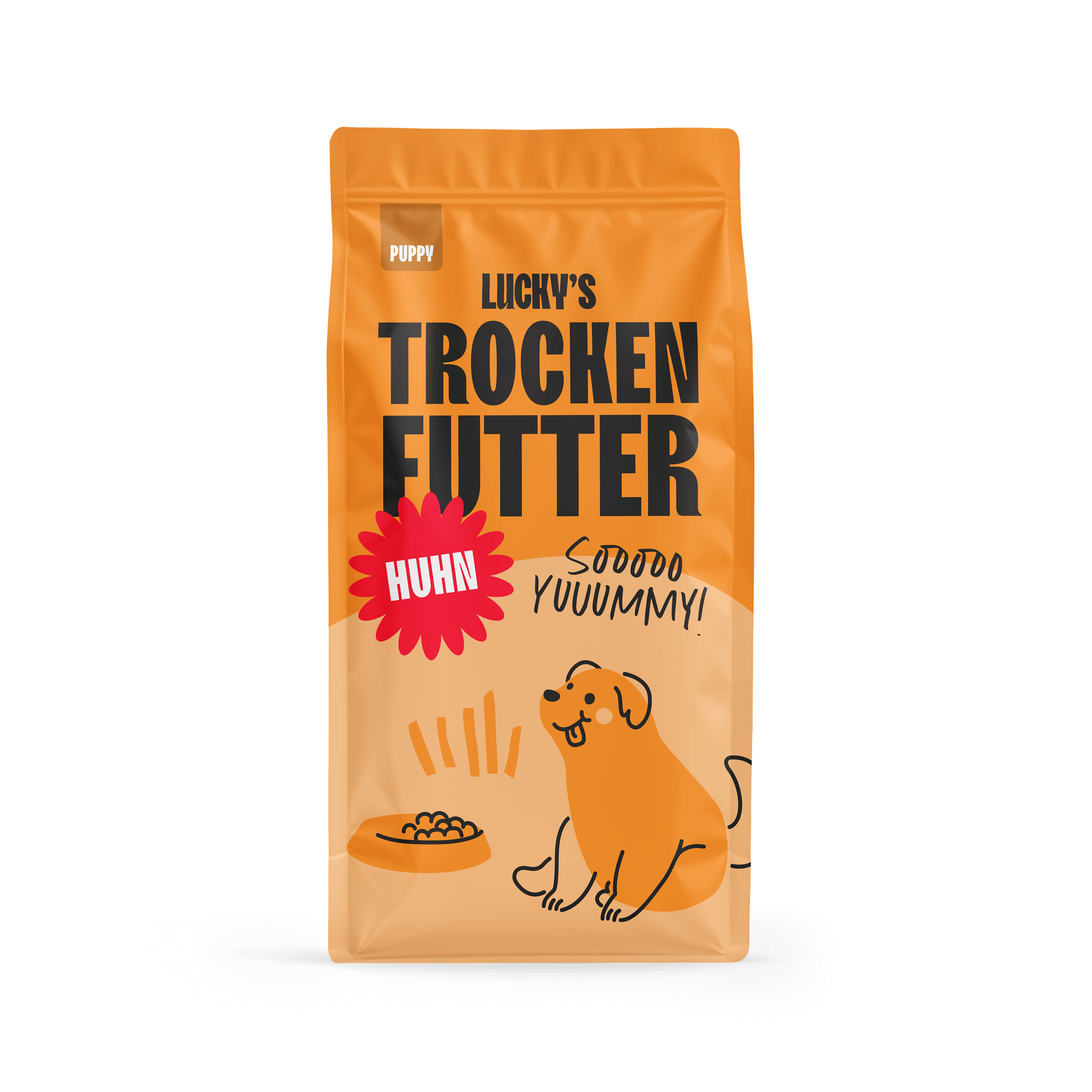 Huhn mit Truthan, Lachs, Süßkartoffel, Karotte | Welpenfutter in einer bunten Verpackung.