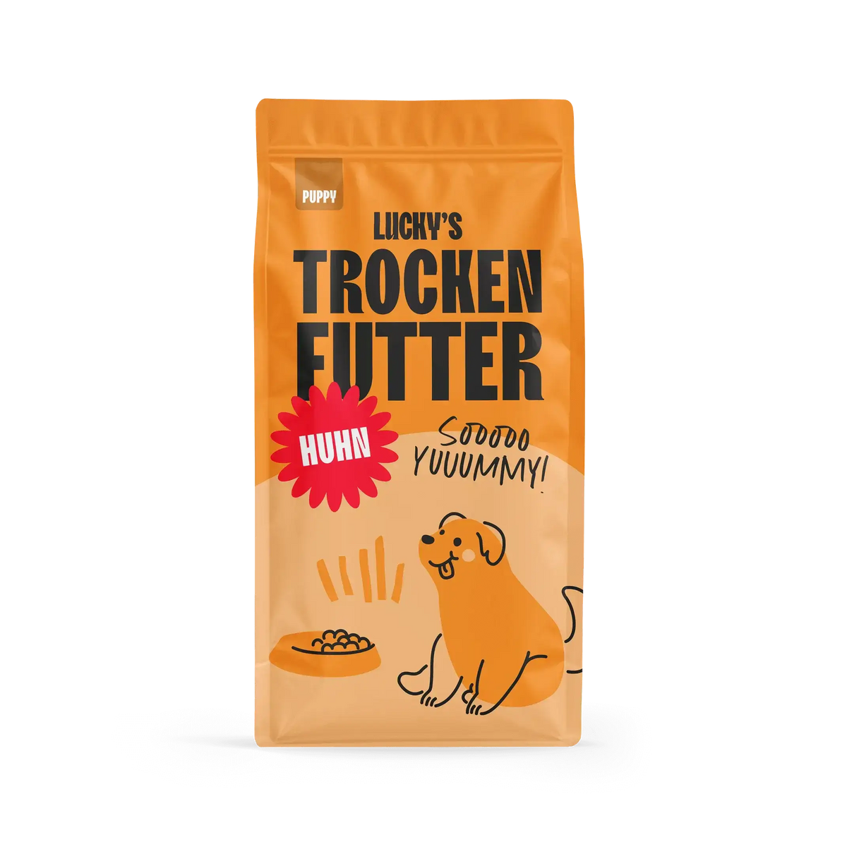 Huhn mit Truthan, Lachs, Süßkartoffel, Karotte | Welpenfutter in einer bunten Verpackung.