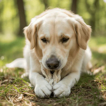 Hund mit Kaninchenohren mit Fell im Grün kauend, natürlicher Kauartikel für Hunde