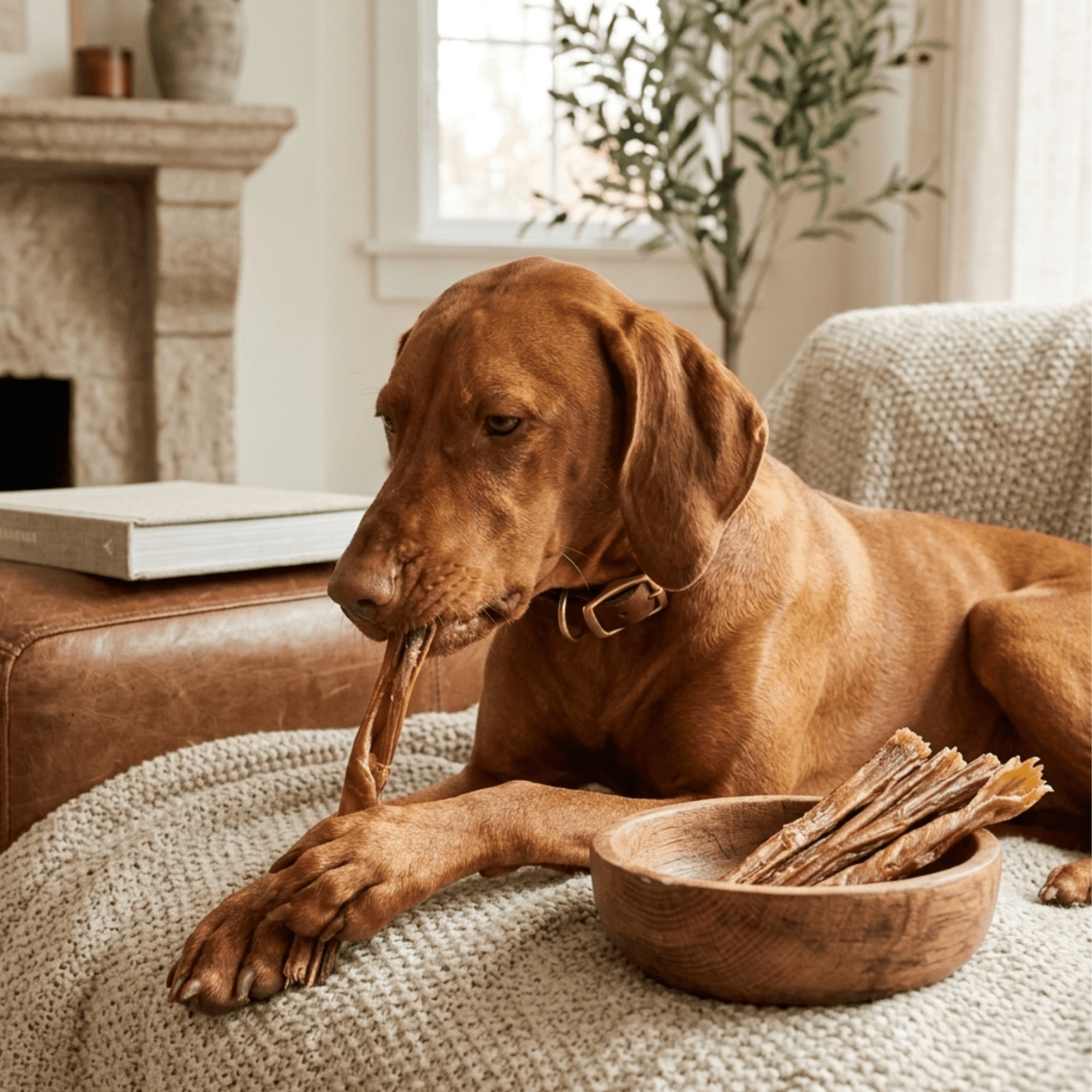 Brauner Hund liegt auf einer Decke und kaut genüsslich auf einem Pferdedarm-Stick Kausnack⁠
