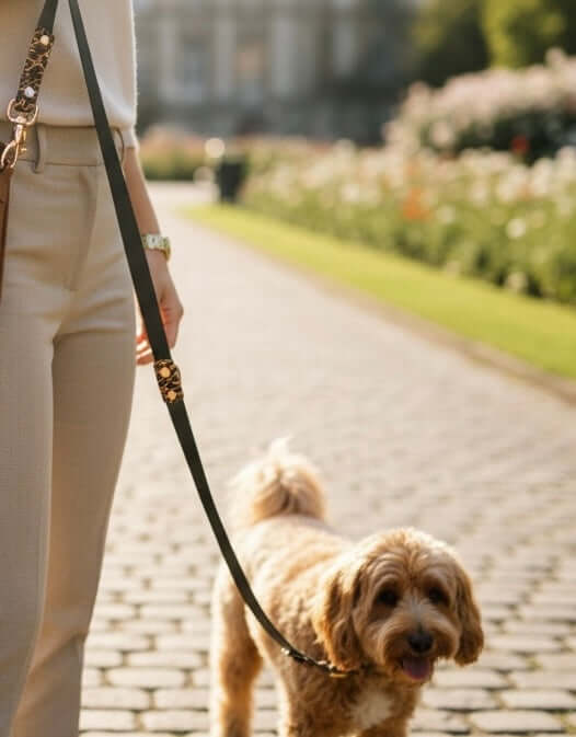 Hundeleine „Leo“ in Verwendung mit einem Hund auf einem Weg in einem blühenden Park.