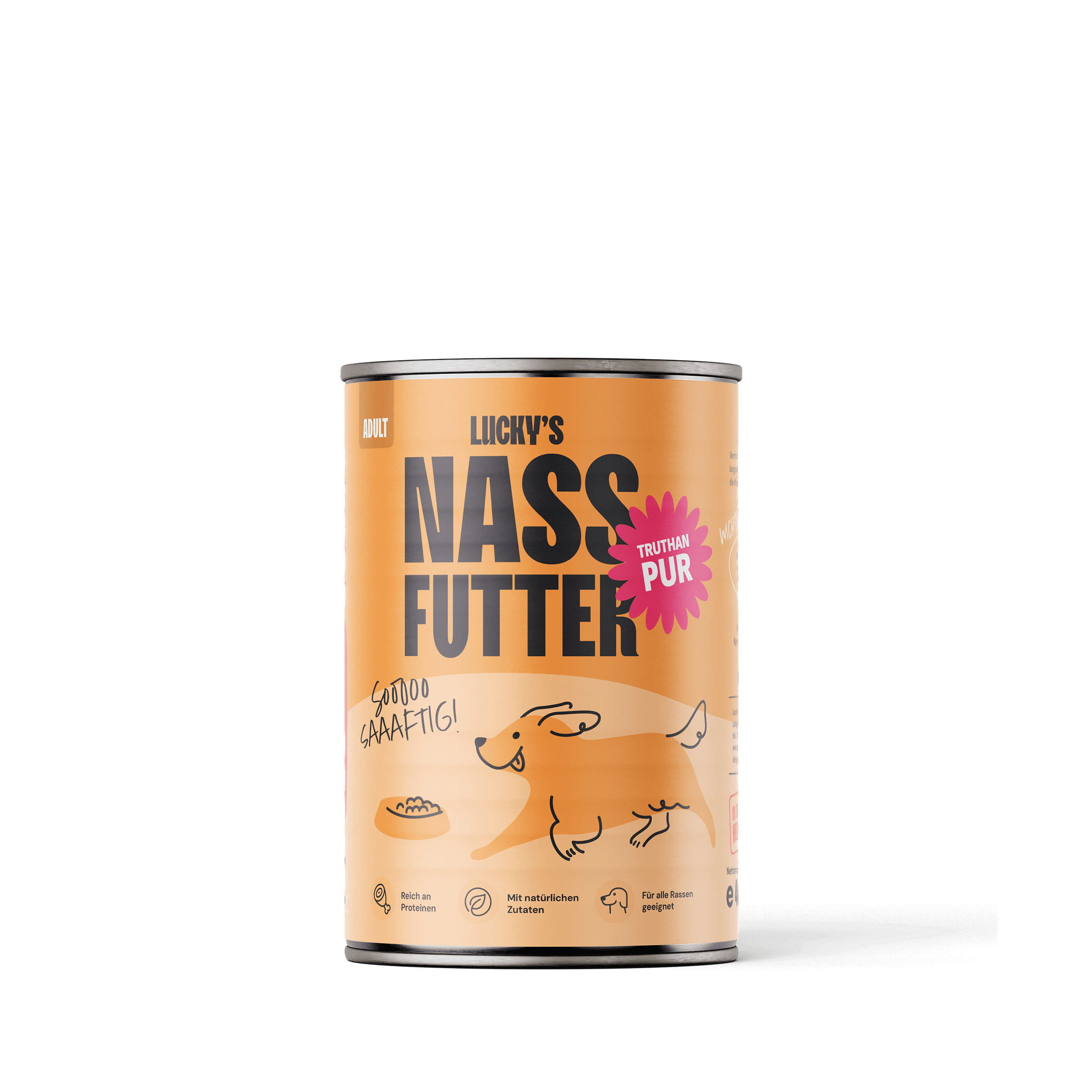 Truthahn pur – Nassfutter für Hunde in der Dose von der Lucky Heaven Ranch, Adult aus Natürlichen Zutaten in Orange mit verspieltem Muster. 400 Gramm/je Dose