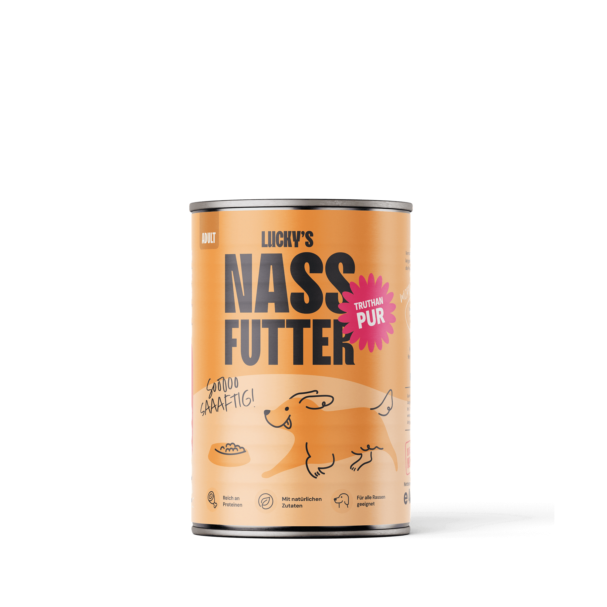 Truthahn pur – Nassfutter für Hunde in der Dose von Licky's mit leckerem Design.