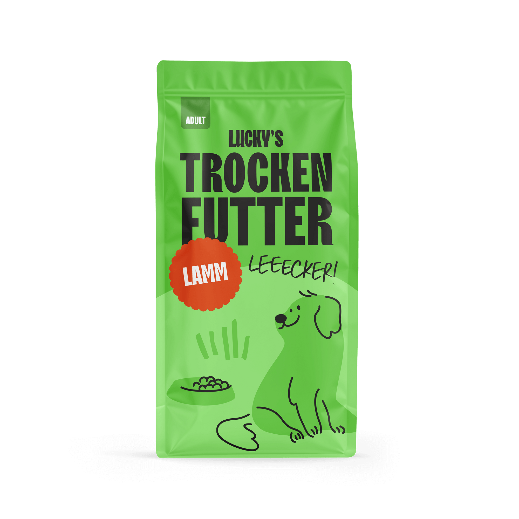 Lamm mit Süßkartoffel und Minze – Trockenfutter für Hunde in einer grünen Verpackung.