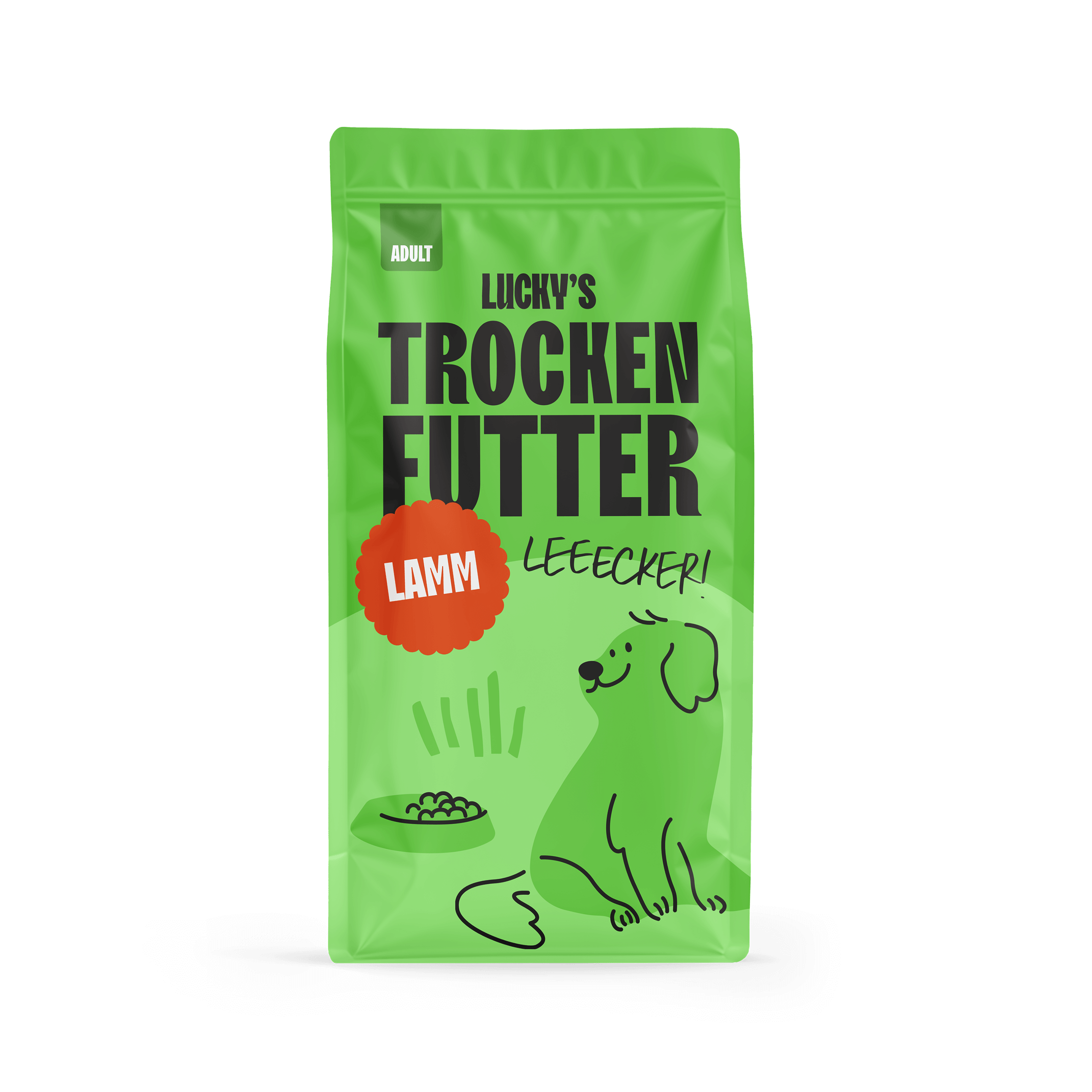 Lamm mit Süßkartoffel und Minze – Trockenfutter für Hunde in einer grünen Verpackung.