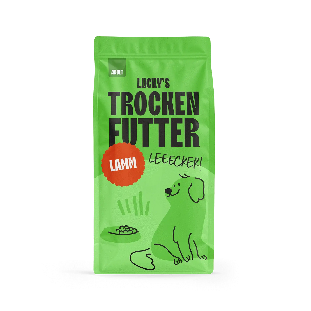 Lamm mit Süßkartoffel und Minze – Trockenfutter für Hunde in einer grünen Verpackung.