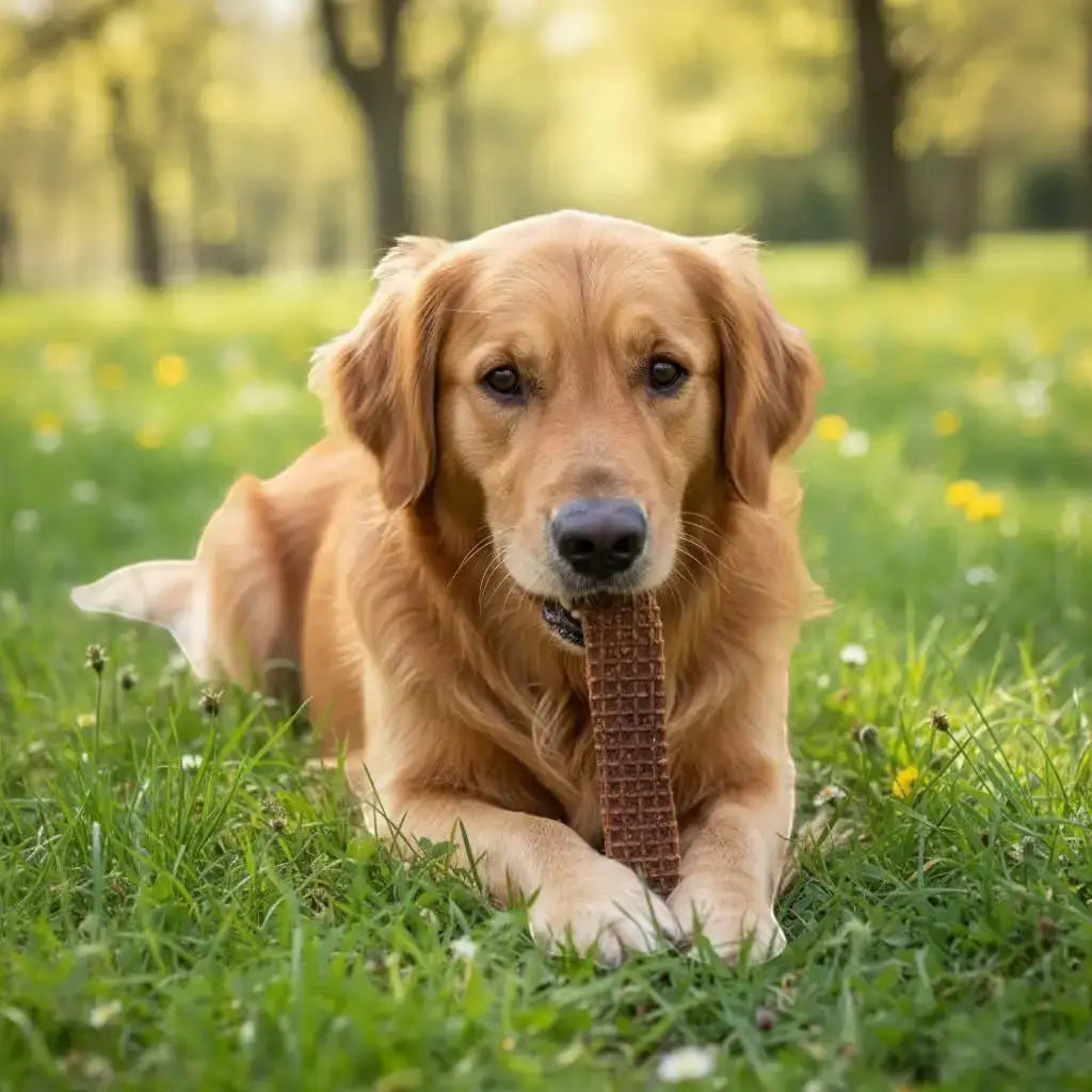 Goldener Retriever liegt auf dem Gras und genießt einen Känguru Fleischstreifen als leckeres Hundeleckerli.