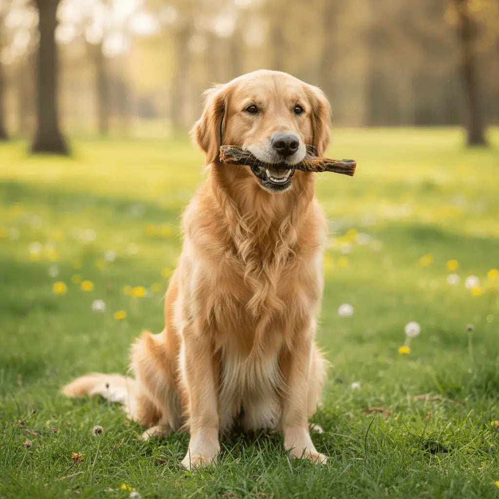 Ein golden retriever sitzt auf einer Wiese mit einem Stöckchen im Mund, bereit zum Spielen.