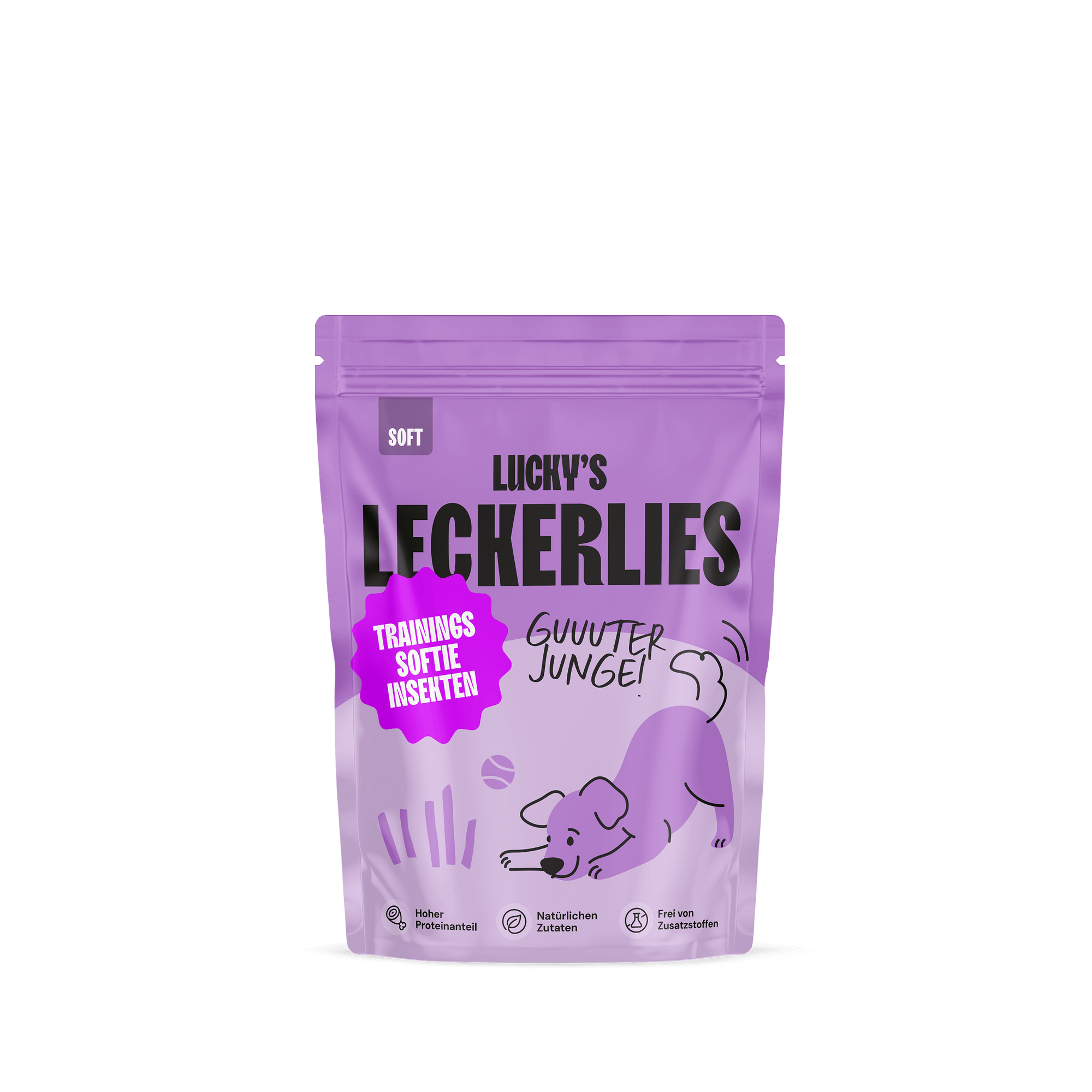 Insekten Trainingssoftie – Trainingsleckerli für Hunde in einer lila Verpackung, ideal für das Hundetraining.