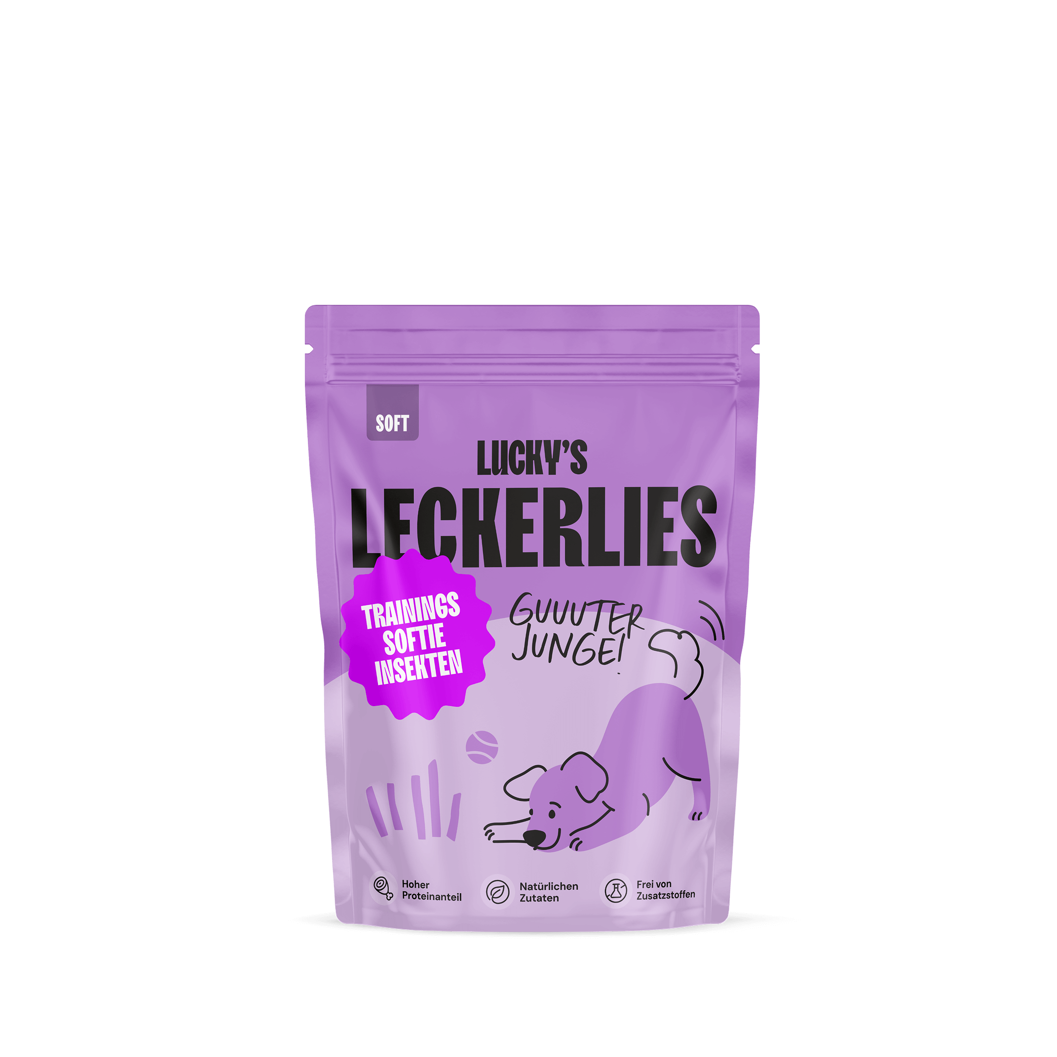 Insekten Trainingssoftie – Trainingsleckerli für Hunde in einer lila Verpackung, ideal für das Hundetraining.