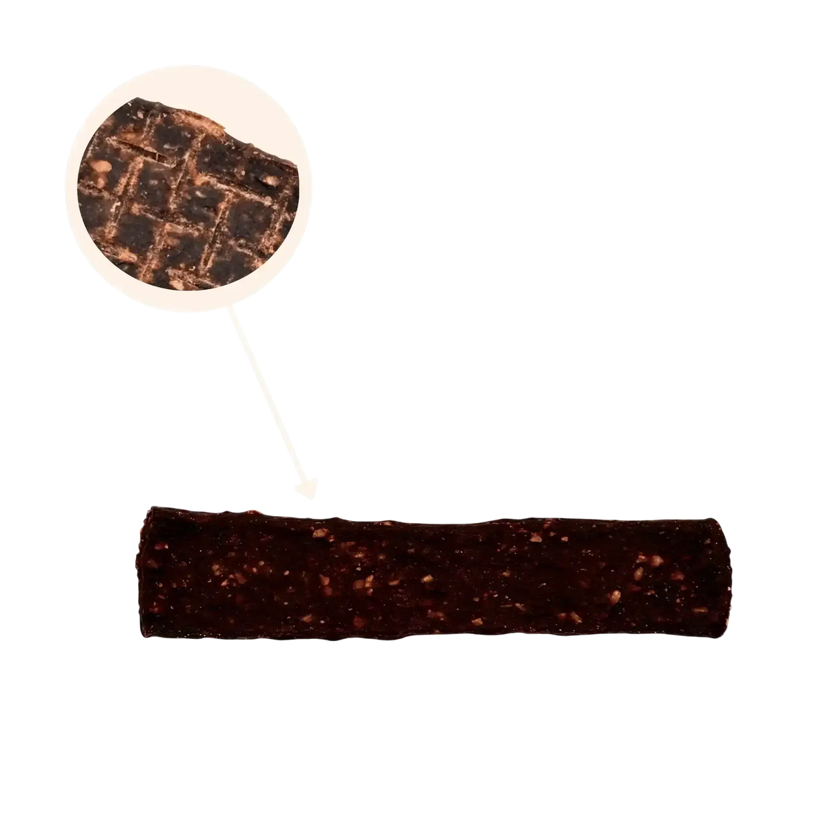 Ein Känguru Fleischstreifen für Hunde mit einer Längenangabe von ca. 12-13 cm und einer Detailvergrößerung der Oberflächenstruktur.
Bild 3 (Sternförmige Ano