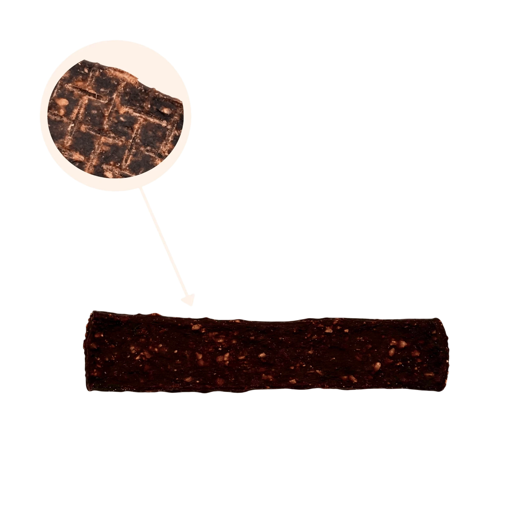 Ein Känguru Fleischstreifen für Hunde mit einer Längenangabe von ca. 12-13 cm und einer Detailvergrößerung der Oberflächenstruktur.
Bild 3 (Sternförmige Ano