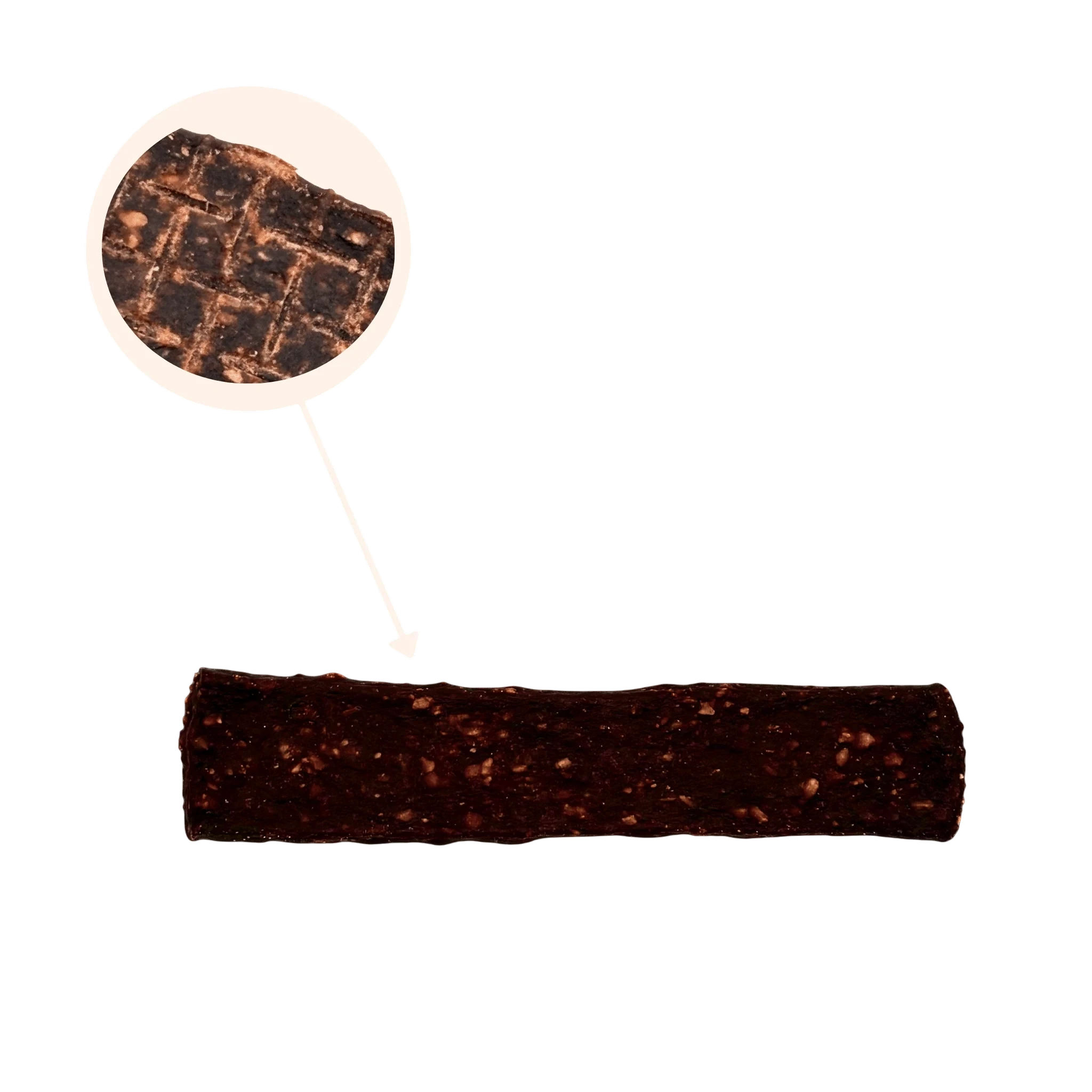 Ein Känguru Fleischstreifen für Hunde mit einer Längenangabe von ca. 12-13 cm und einer Detailvergrößerung der Oberflächenstruktur.
Bild 3 (Sternförmige Ano