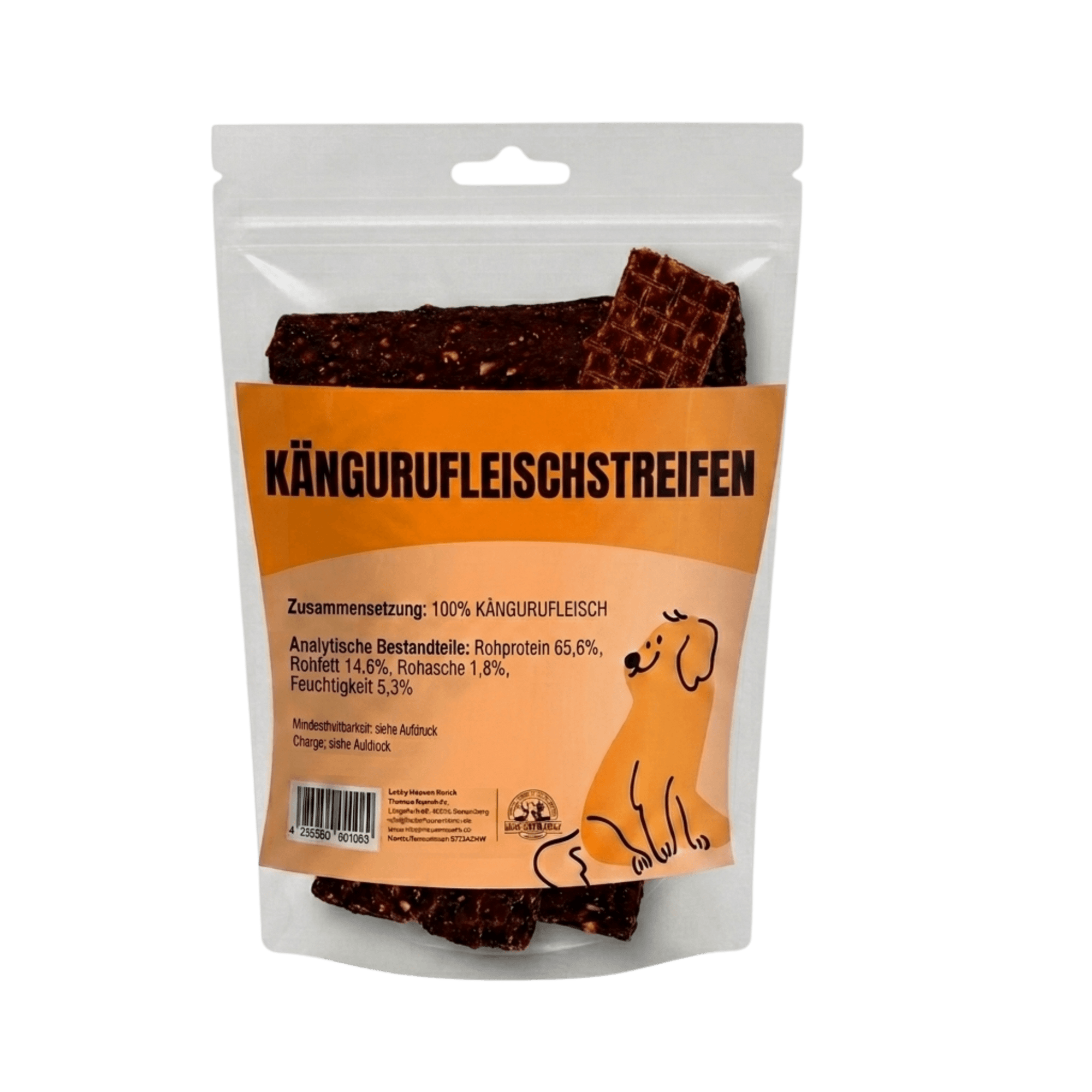 Mehrere getrocknete Känguru Fleischstreifen für Hunde, sternförmig angeordnet auf weißem Hintergrund in der Original Produktverpackung 