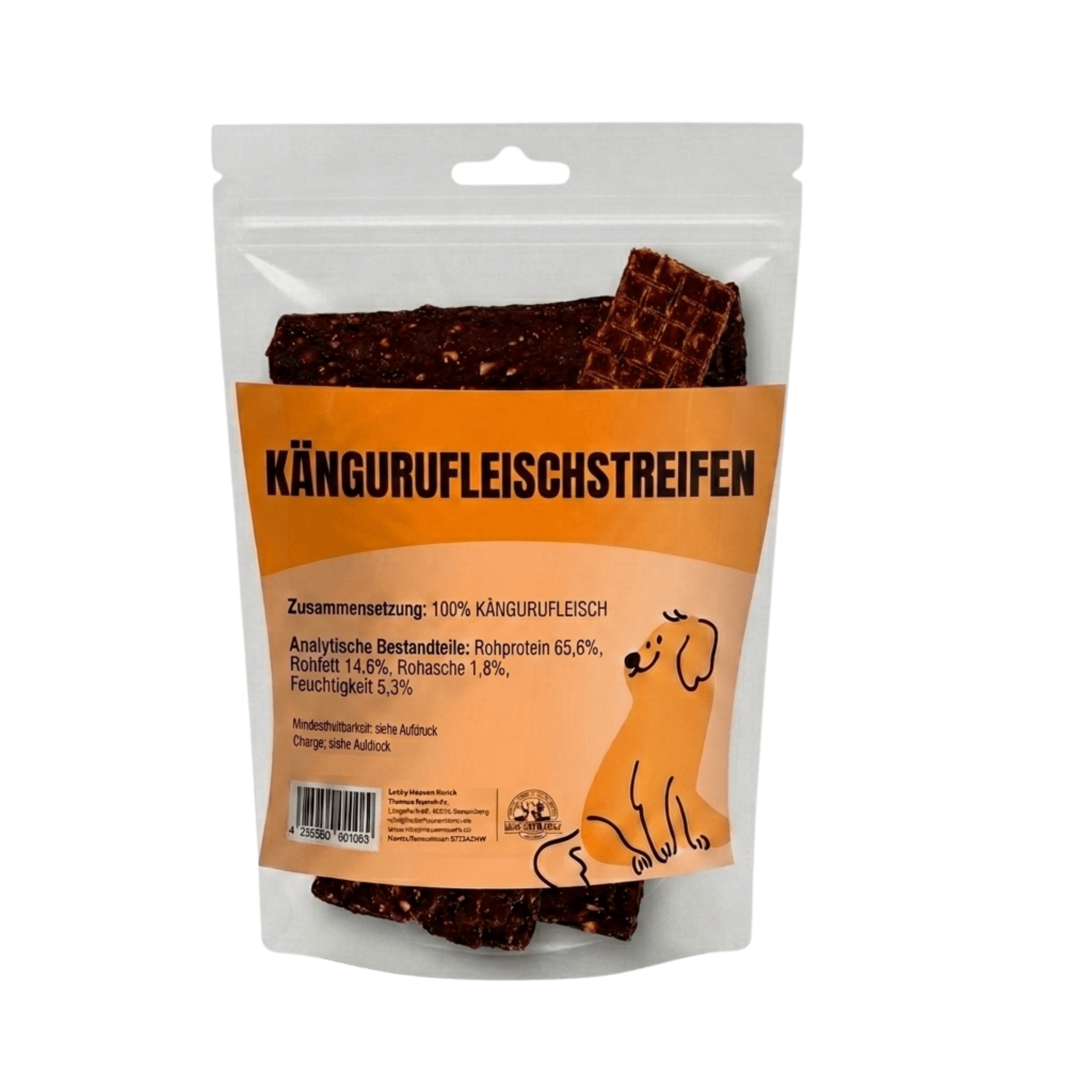 Mehrere getrocknete Känguru Fleischstreifen für Hunde, sternförmig angeordnet auf weißem Hintergrund in der Original Produktverpackung 