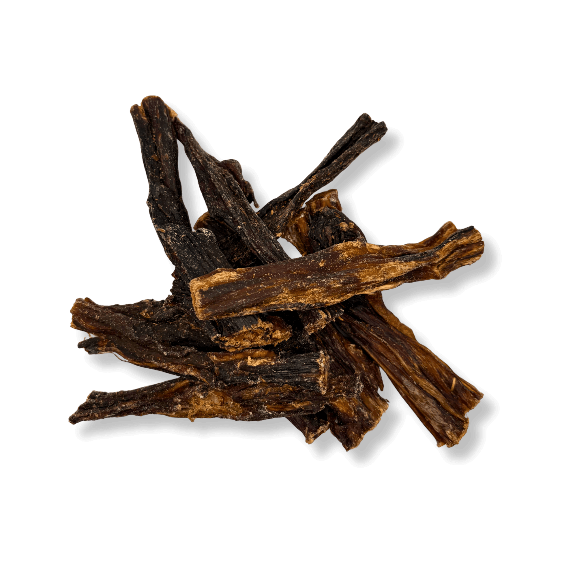 Ein kleiner Stapel aus naturbelassenen, Single-Protein Kängurufleischstreifen als hypoallergener Hundesnack.