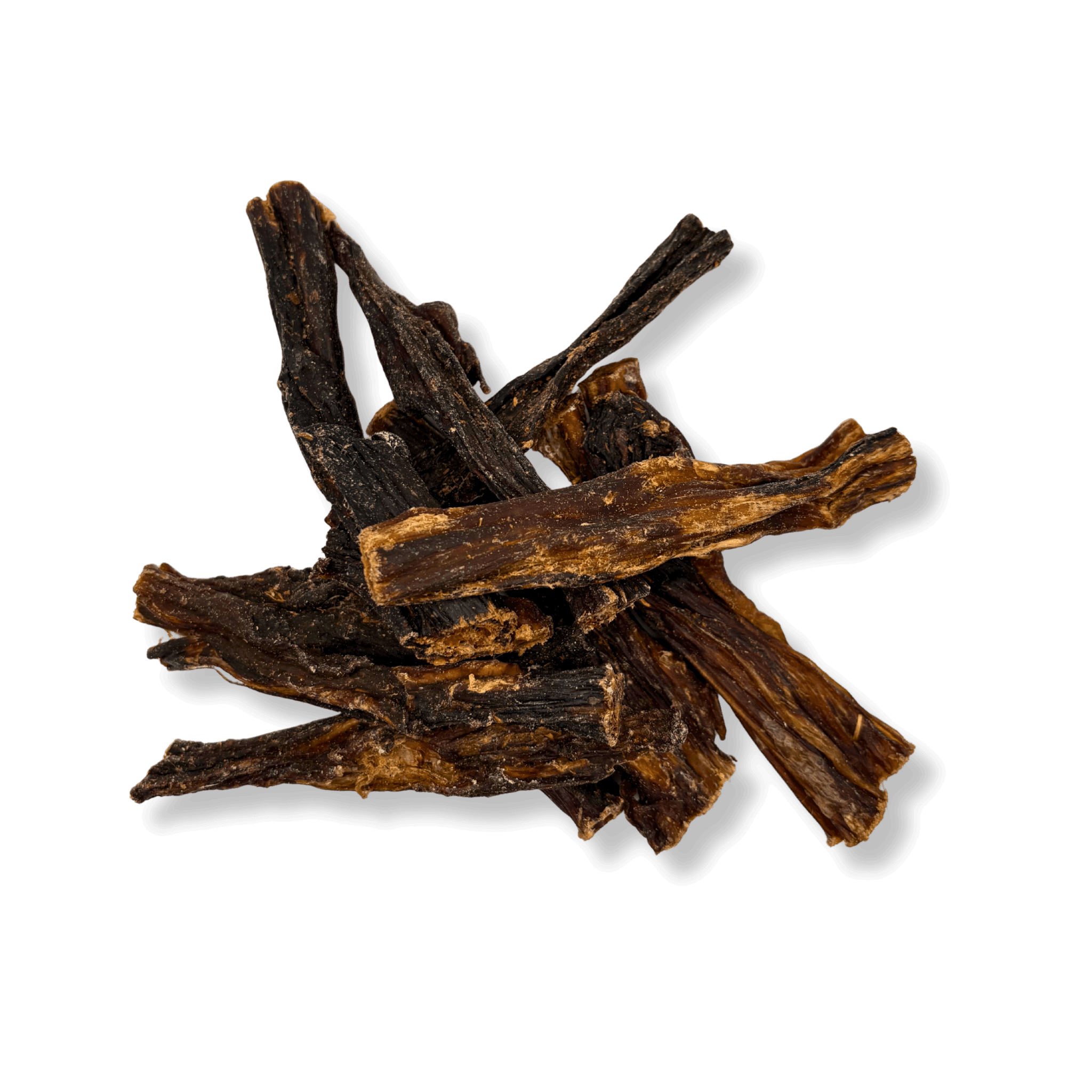 Ein kleiner Stapel aus naturbelassenen, Single-Protein Kängurufleischstreifen als hypoallergener Hundesnack.