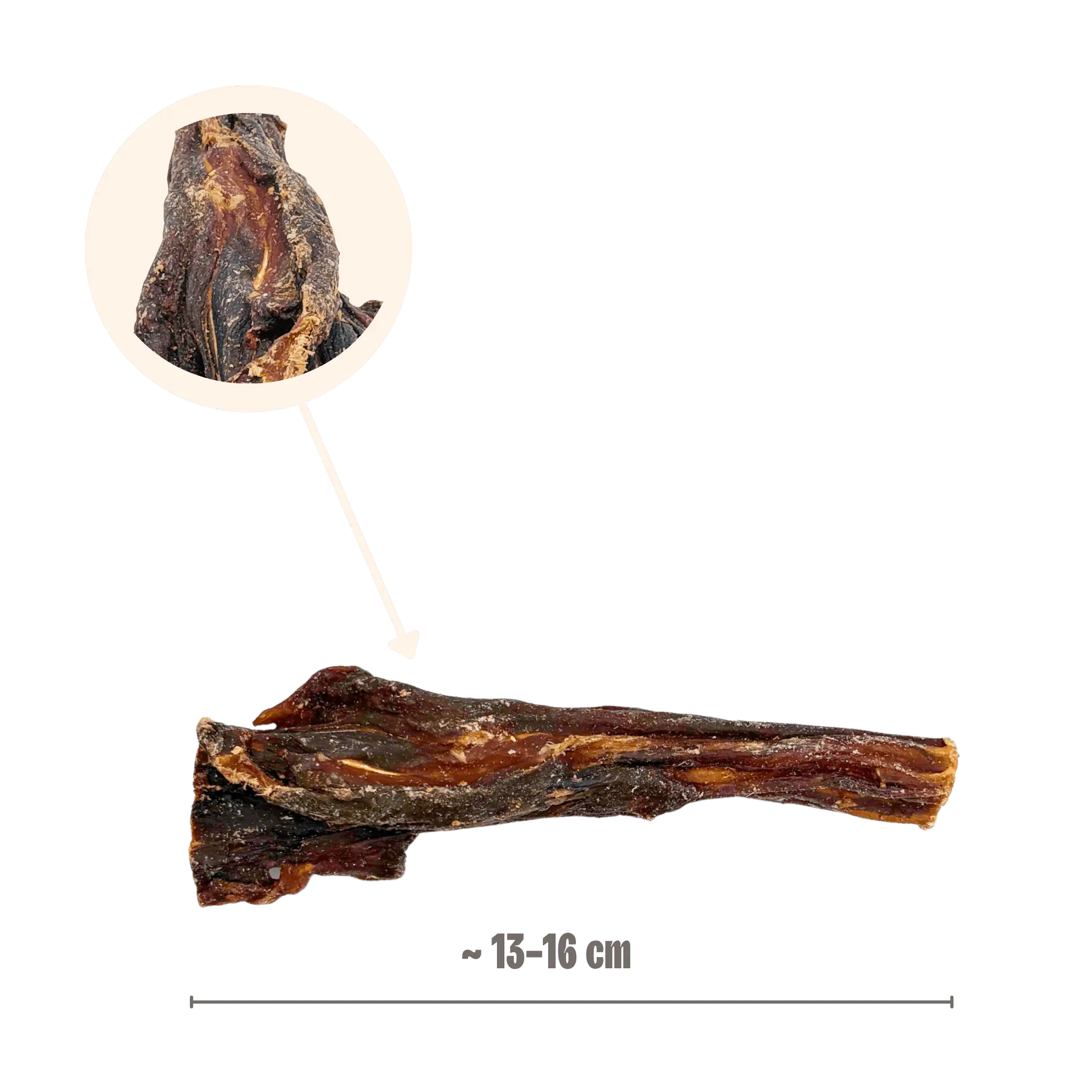 Produktabmessung eines Kängurufleischstreifens von ca. 13-16 cm Länge mit einer vergrößerten Detailansicht der Fleischstruktur.