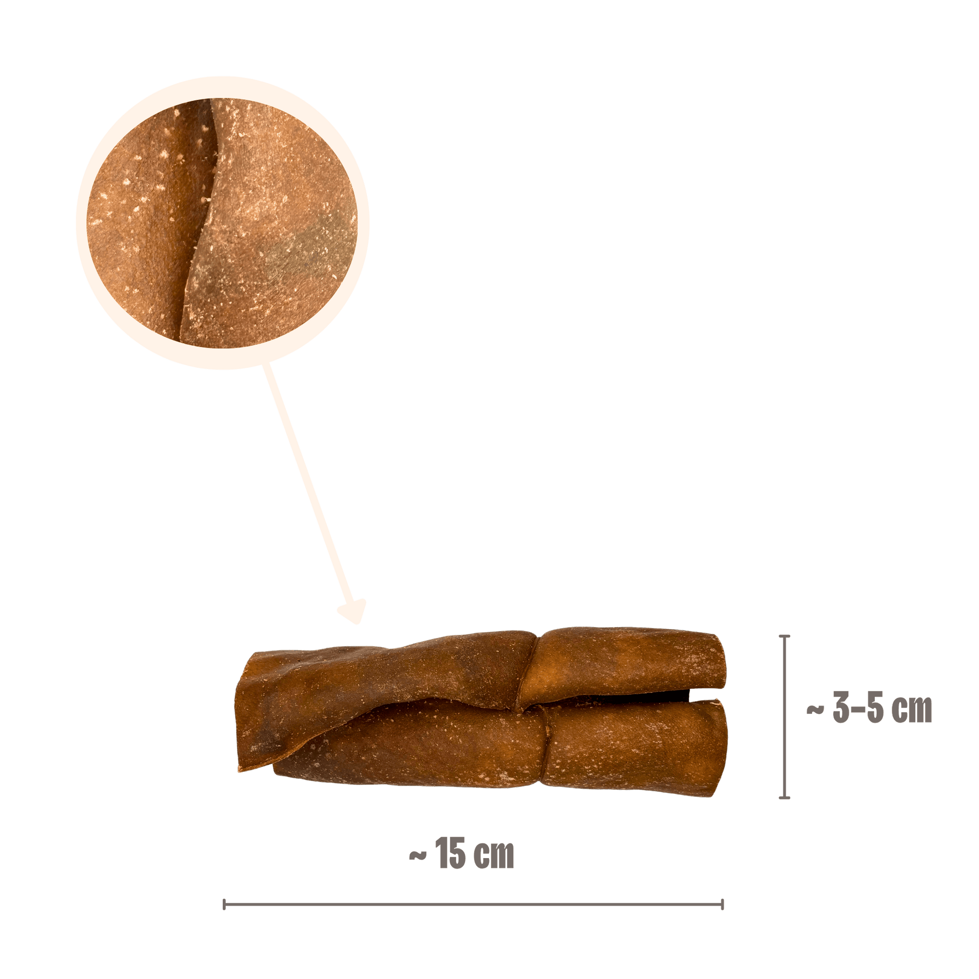 Größenangabe für gerollte Kamelhaut-Kauartikel von ca. 15 cm Länge mit einer Lupenansicht der robusten Lederhaut