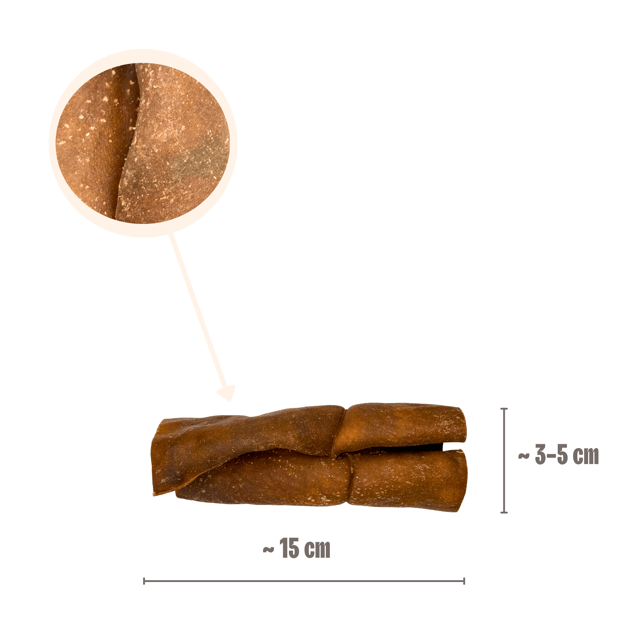 Größenangabe für gerollte Kamelhaut-Kauartikel von ca. 15 cm Länge mit einer Lupenansicht der robusten Lederhaut