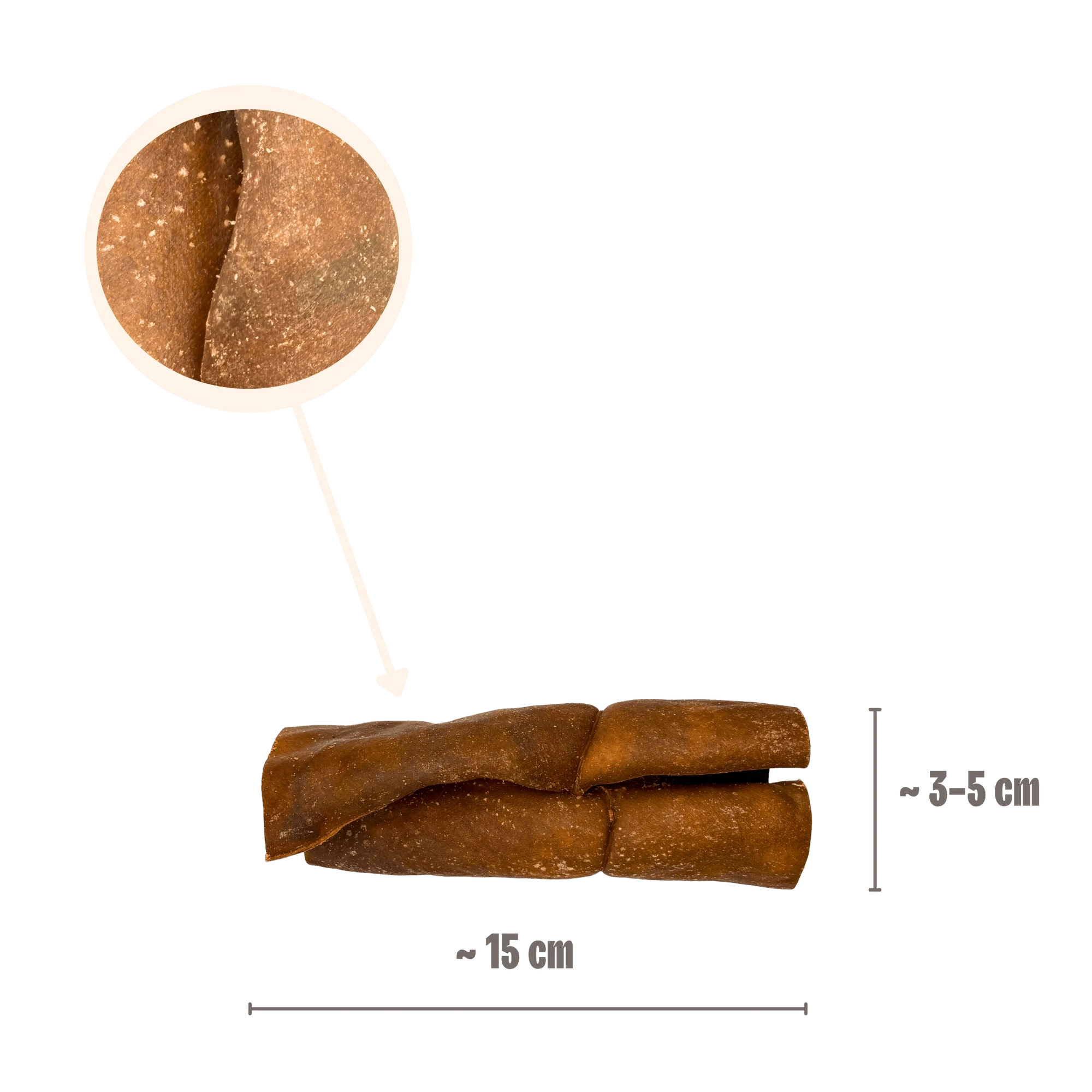 Größenangabe für gerollte Kamelhaut-Kauartikel von ca. 15 cm Länge mit einer Lupenansicht der robusten Lederhaut