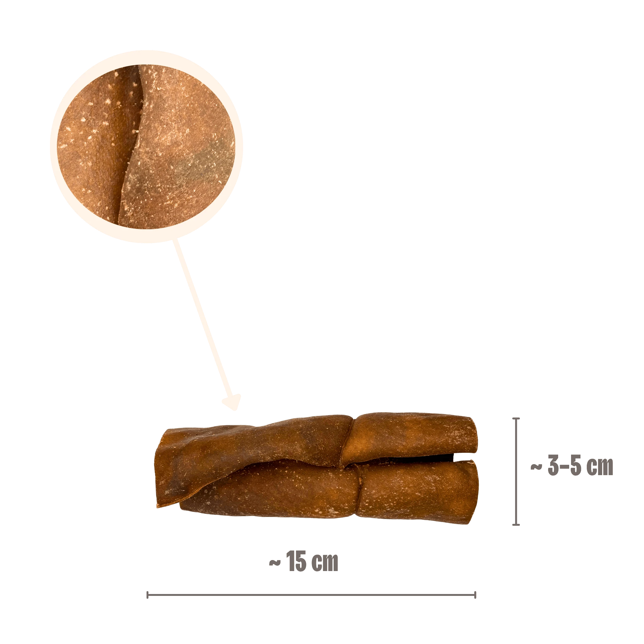 Größenangabe für gerollte Kamelhaut-Kauartikel von ca. 15 cm Länge mit einer Lupenansicht der robusten Lederhaut