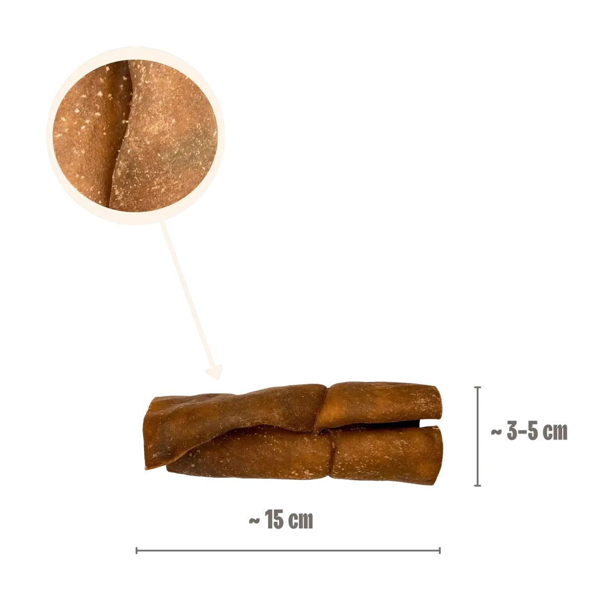 Größenangabe für gerollte Kamelhaut-Kauartikel von ca. 15 cm Länge mit einer Lupenansicht der robusten Lederhaut