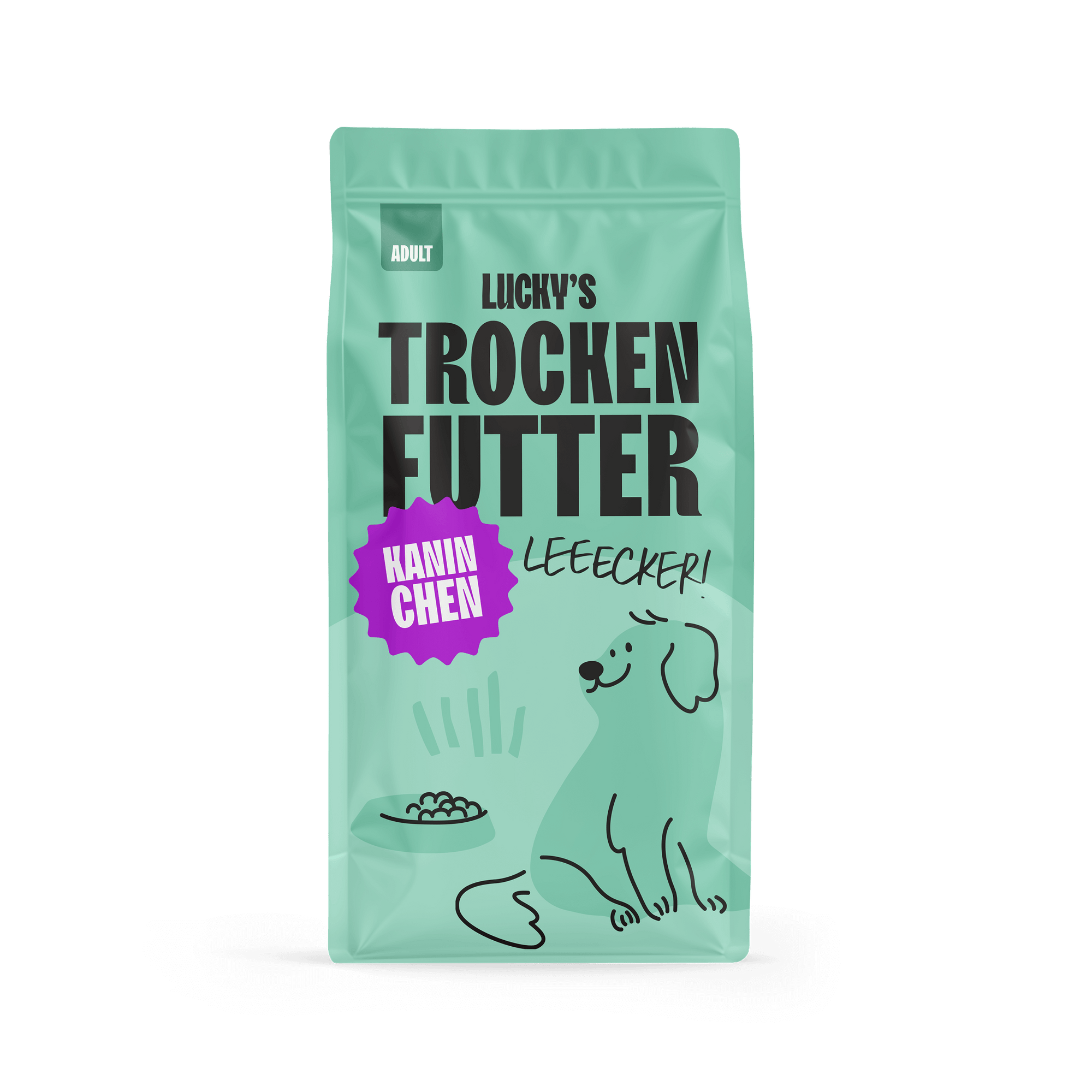 Kaninchen mit Süßkartoffeln & Brombeeren – Trockenfutter für Hunde in einer ansprechenden Verpackung.