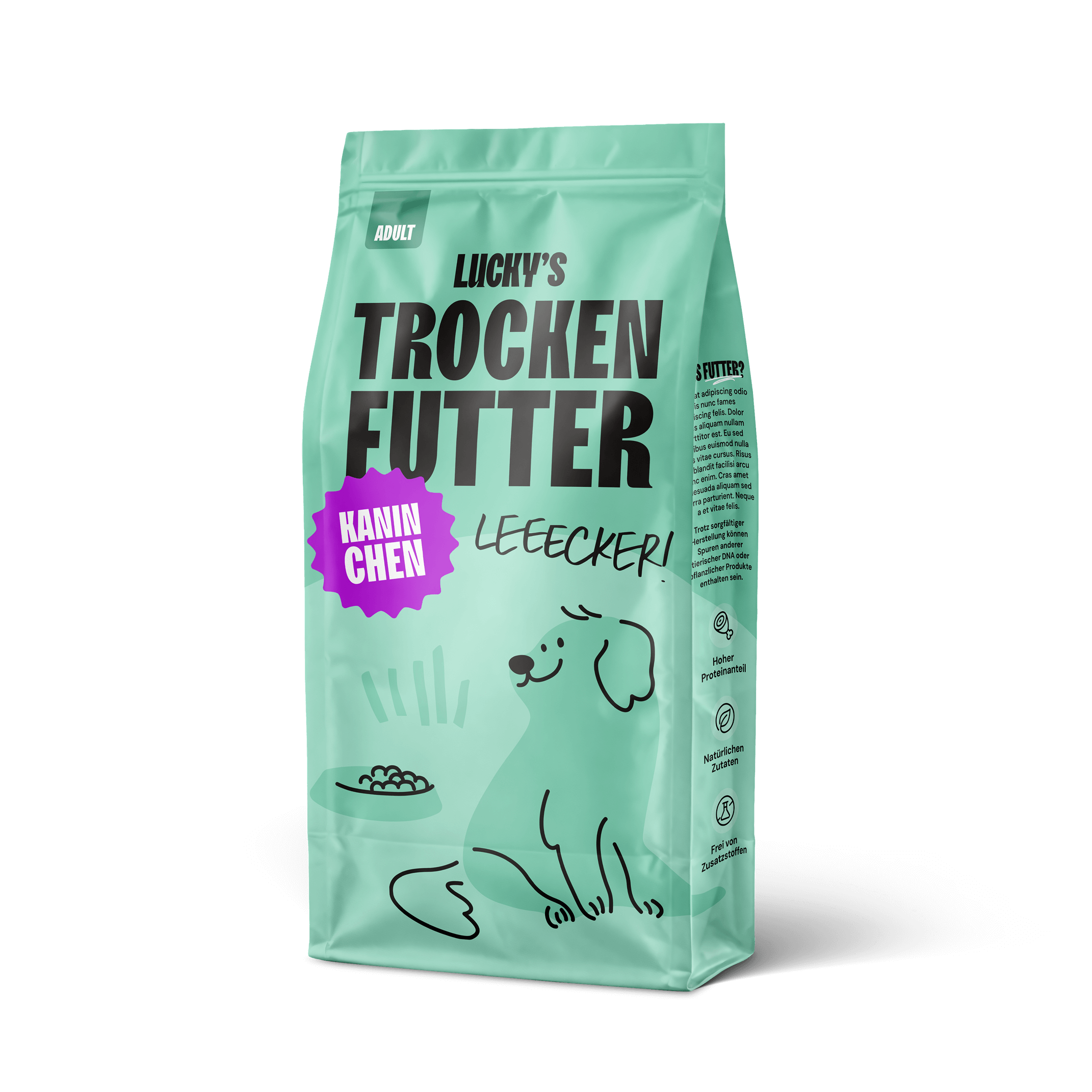 Kaninchen mit Süßkartoffeln & Brombeeren – Trockenfutter für Hunde im attraktiven Verpackungsdesign.