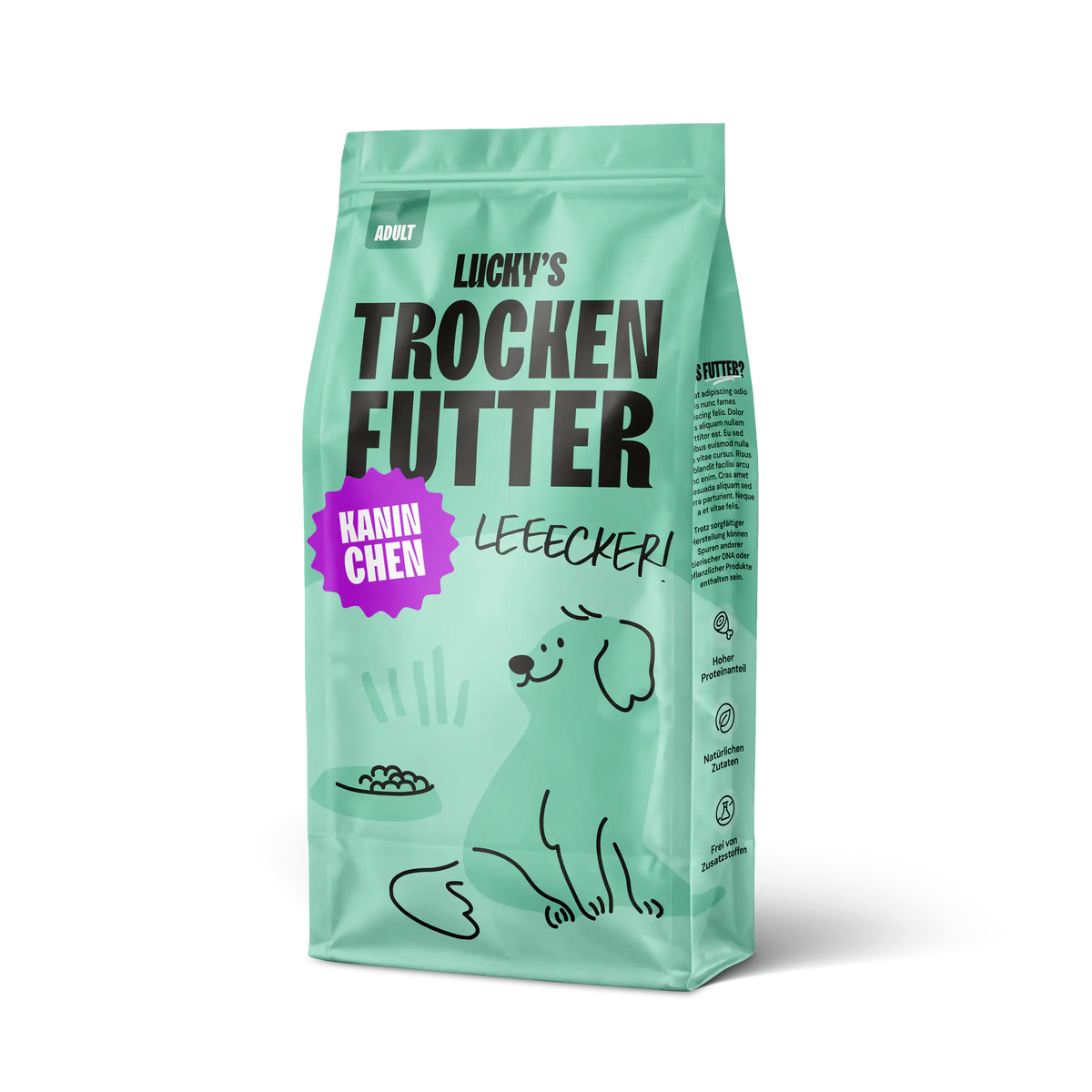 Kaninchen mit Süßkartoffeln & Brombeeren – Trockenfutter für Hunde im attraktiven Verpackungsdesign.