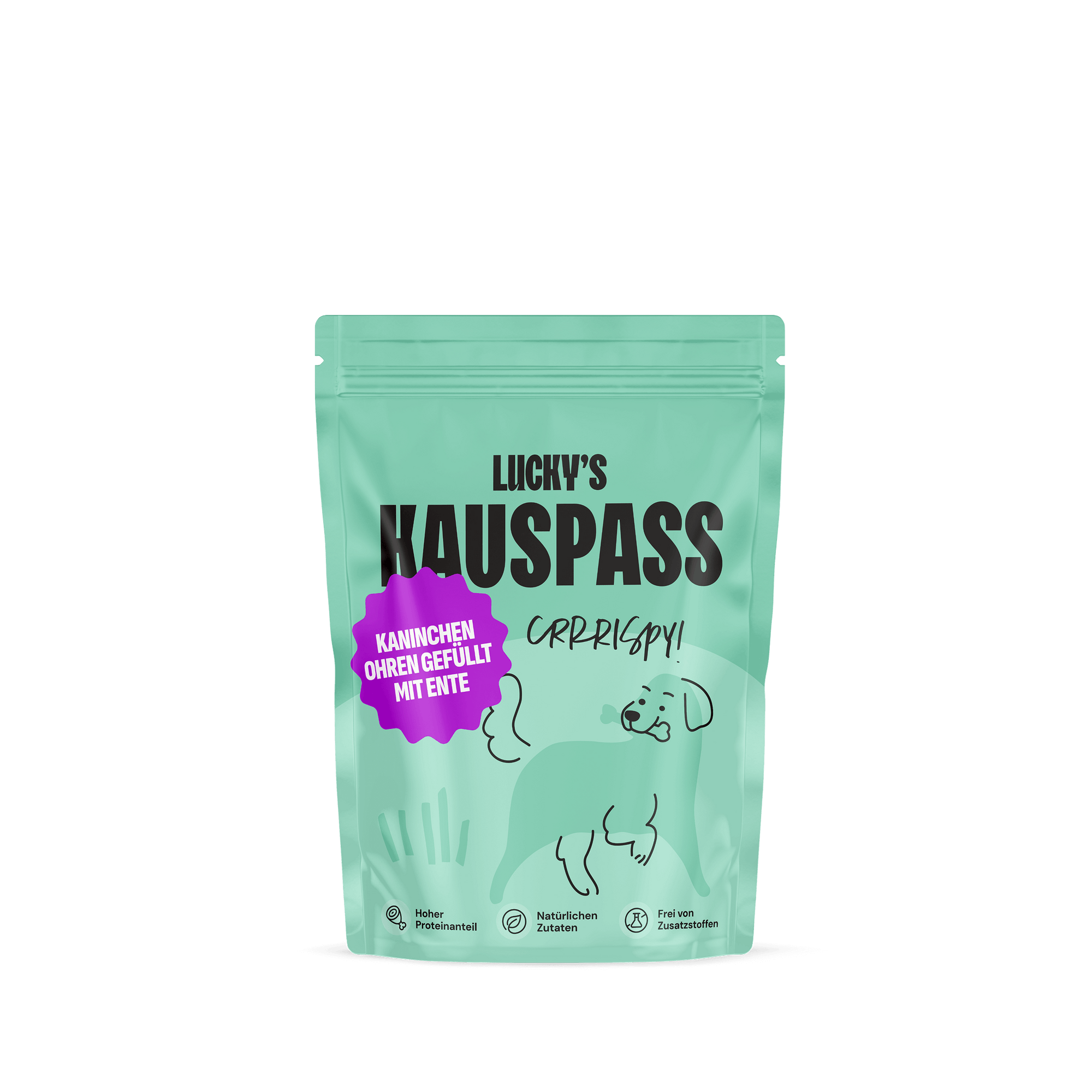 Kaninchenohren gefüllt mit Ente in Verpackung von Lucky's, allergikerfreundlicher Hundesnack.