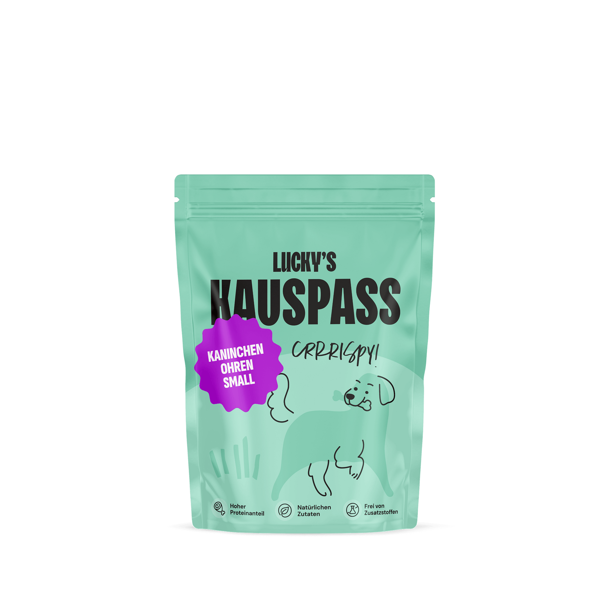 Kaninchenohren (klein) – Kauartikel für Hunde in einer Mintgrünen Verpackung mit Hundedesign.