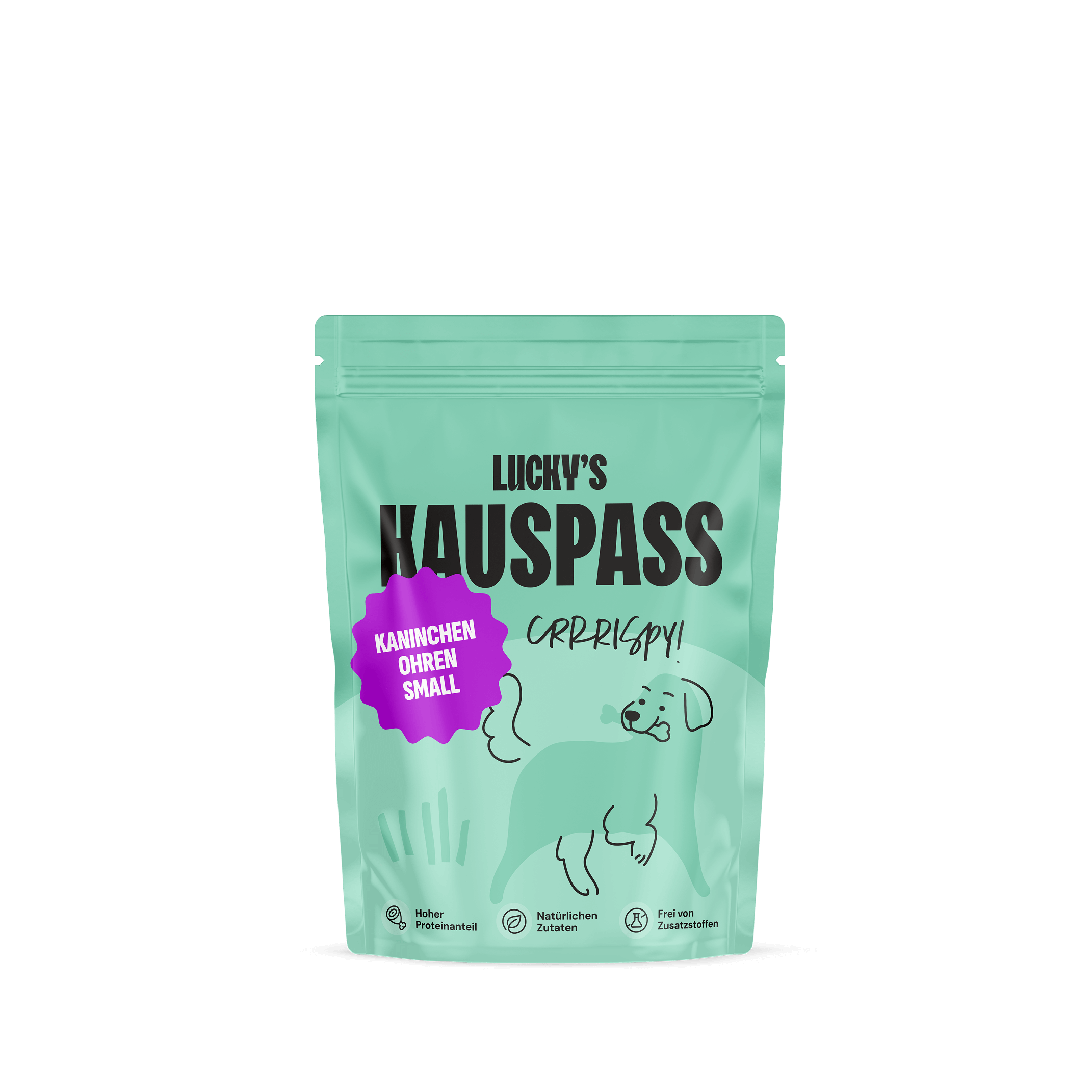 Kaninchenohren (klein) – Kauartikel für Hunde in einer Mintgrünen Verpackung mit Hundedesign.