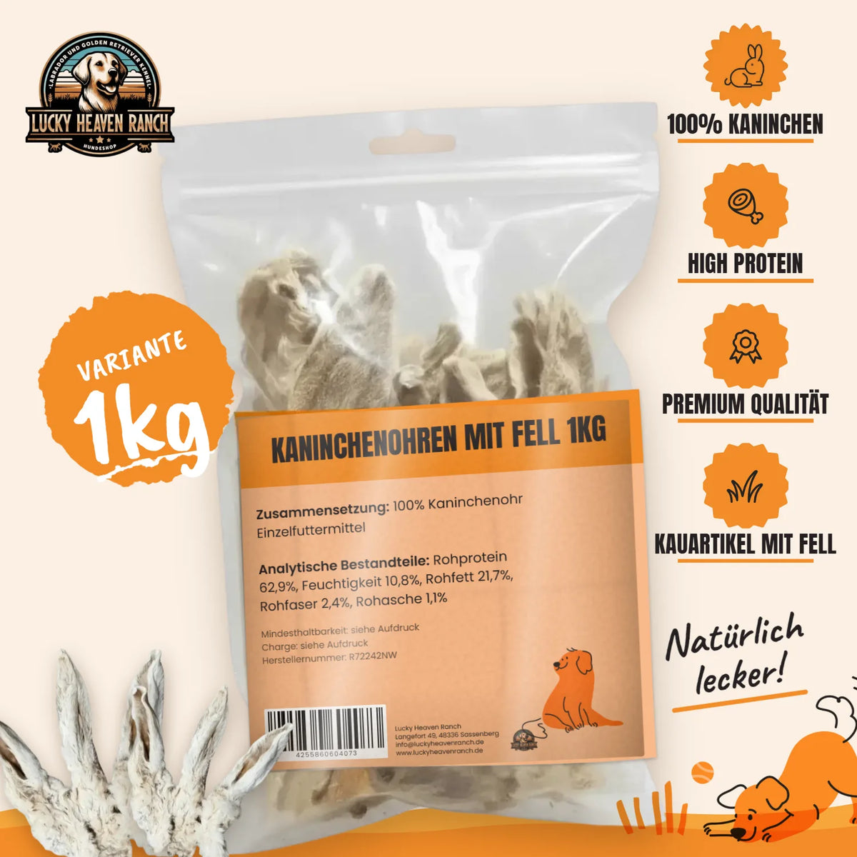 Kaninchenohren mit Fell, 1 kg: Verpackung mit Zusammensetzung und Analyse, 100% Kaninchen, High Protein, Premium Qualität