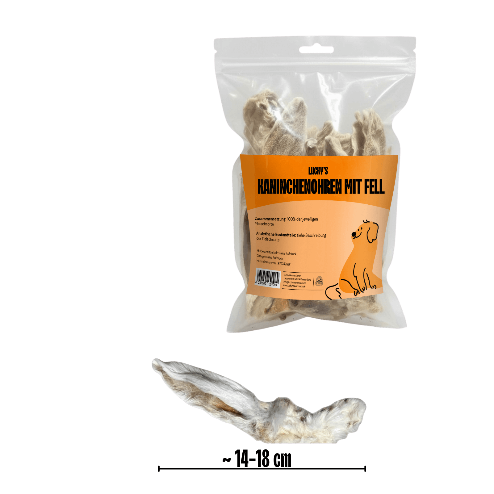 Kaninchenohren mit Fell, natürlicher Kauartikel für Hunde in einer Tüte.