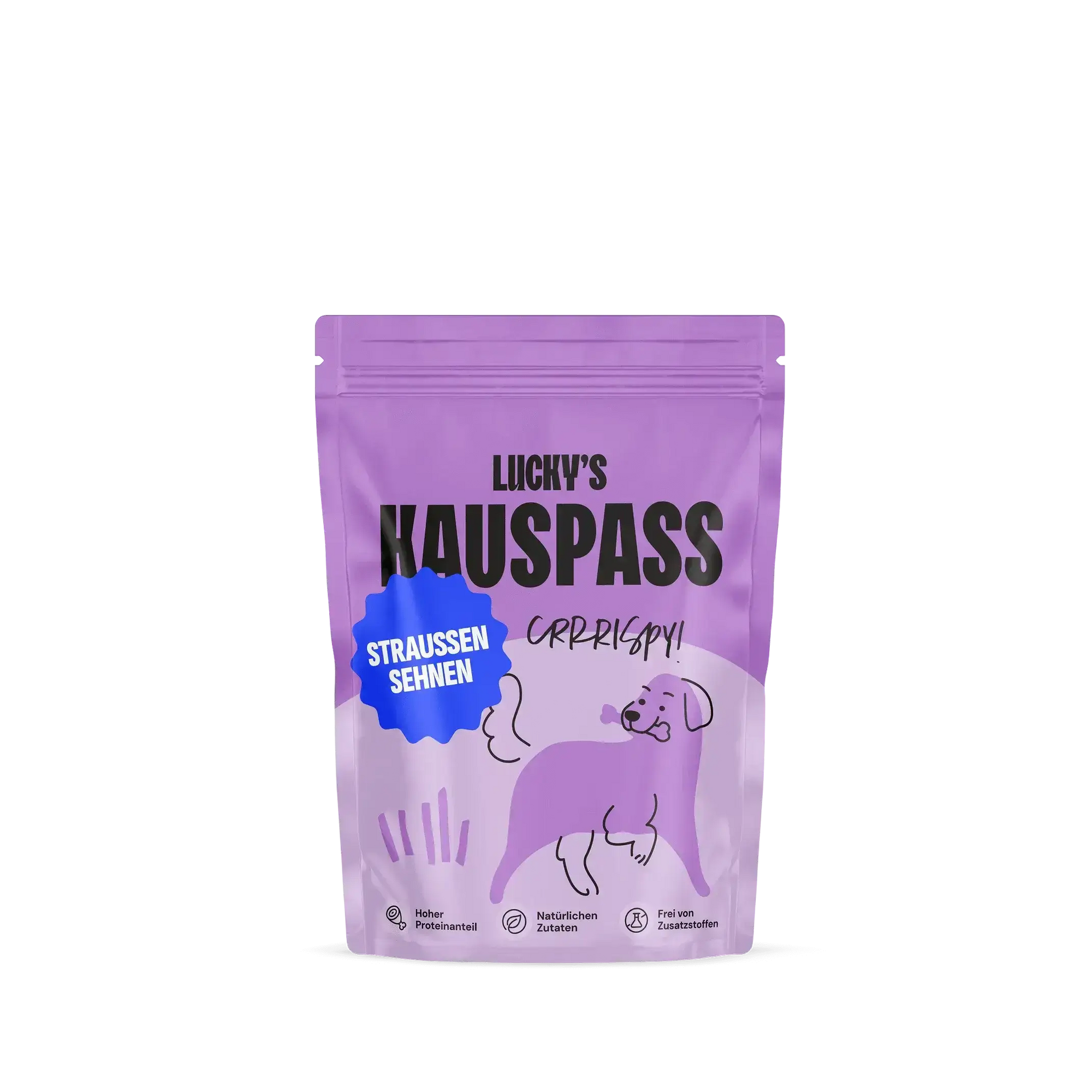 Verpackung von LUCKY'S Straußen Sehne Kauartikel für Hunde in lila Tüte, ideal für Zahngesundheit und Kauvergnügen.