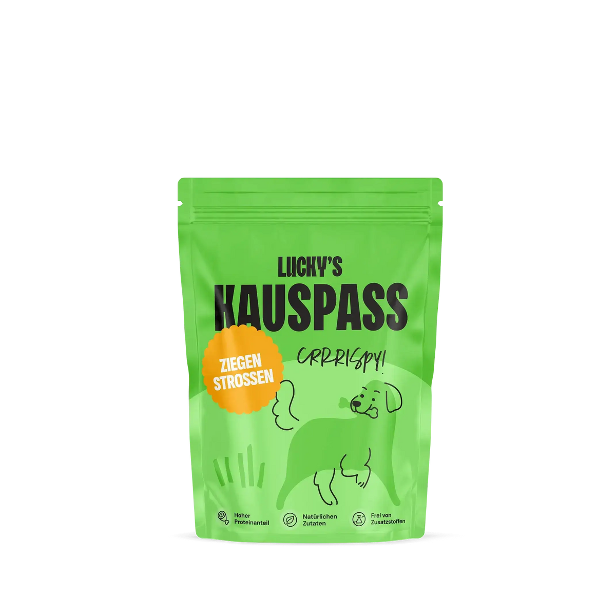 Lucky's Kauspaß Ziegenstrossen Snackpäckchen für Hunde auf grünem Hintergrund