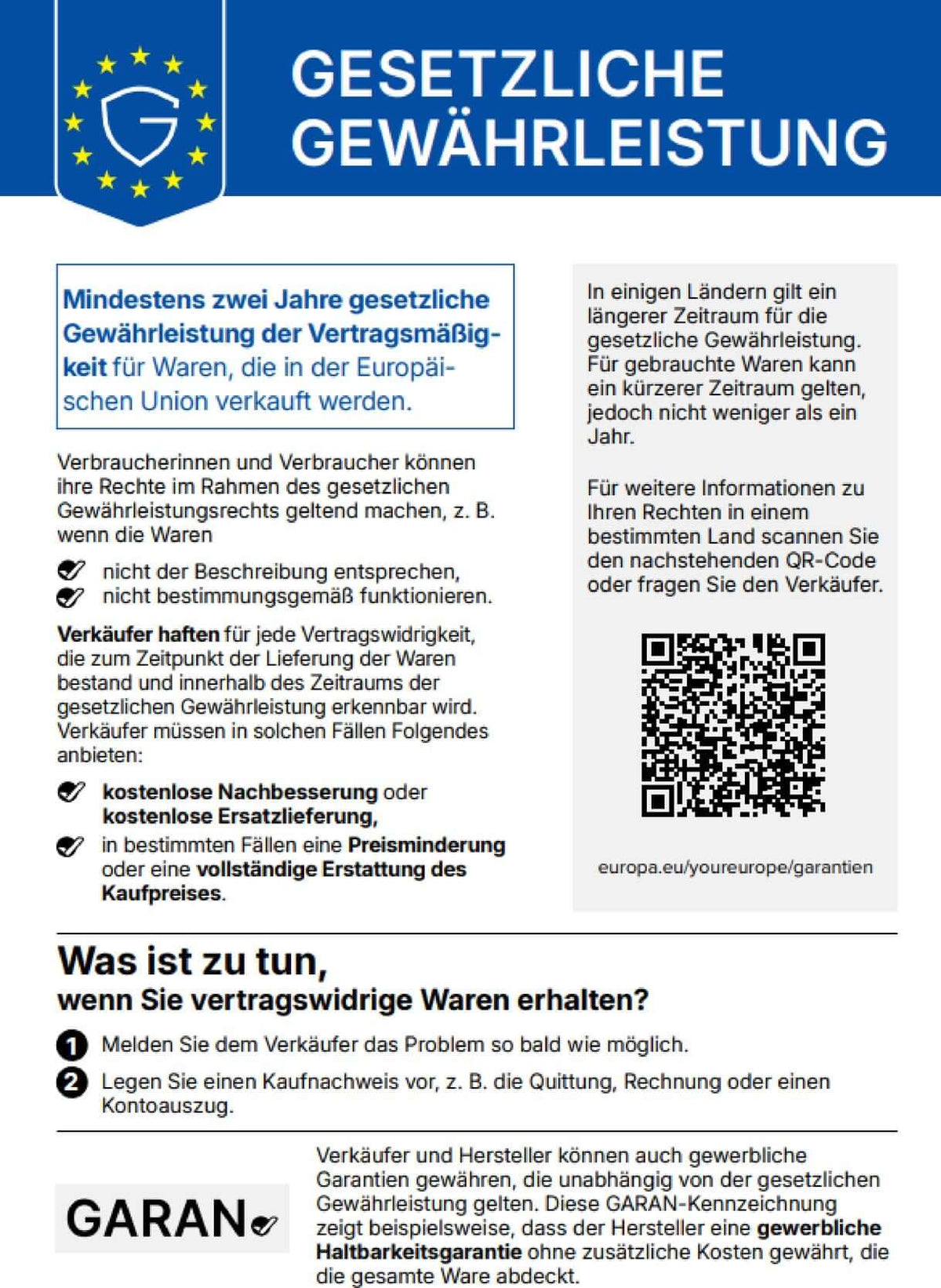 Gesetzliche Gewährleistung – mindestens zwei Jahre gesetzliche Gewährleistung der Vertragsmäßigkeit für Waren, die in der Europäischen Union verkauft werden