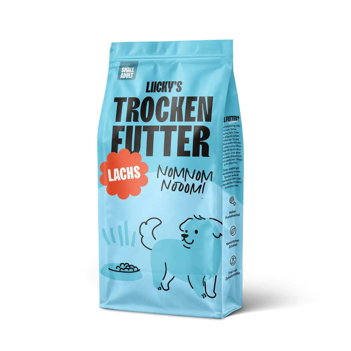 Lachs mit Forelle und Süßkartoffel - Trockenfutter für kleine Rassen in blauer Verpackung