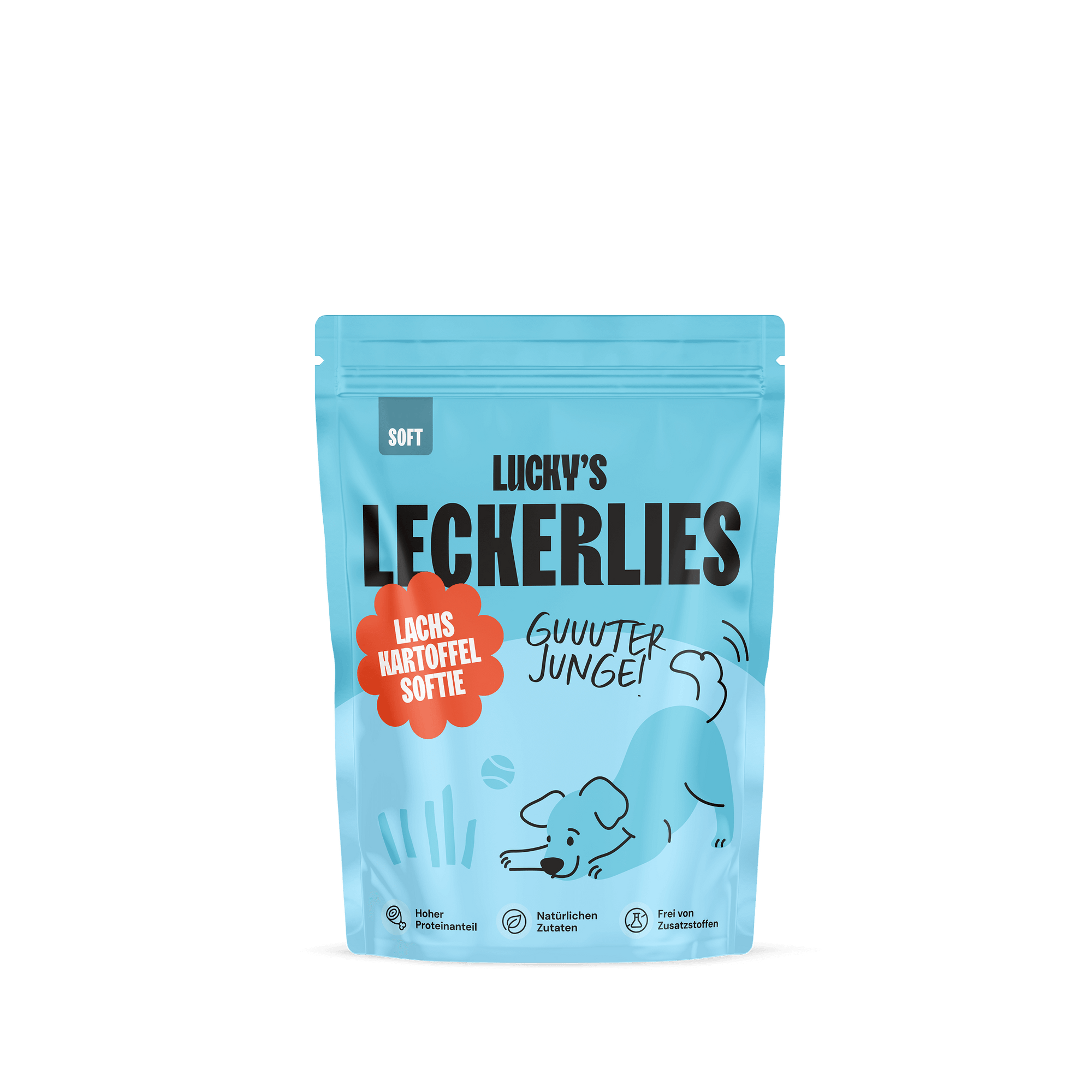 Lachs-Kartoffelsoftie – Leckerli für Hunde in blauer Verpackung mit Hundepfote und verspieltem Design.