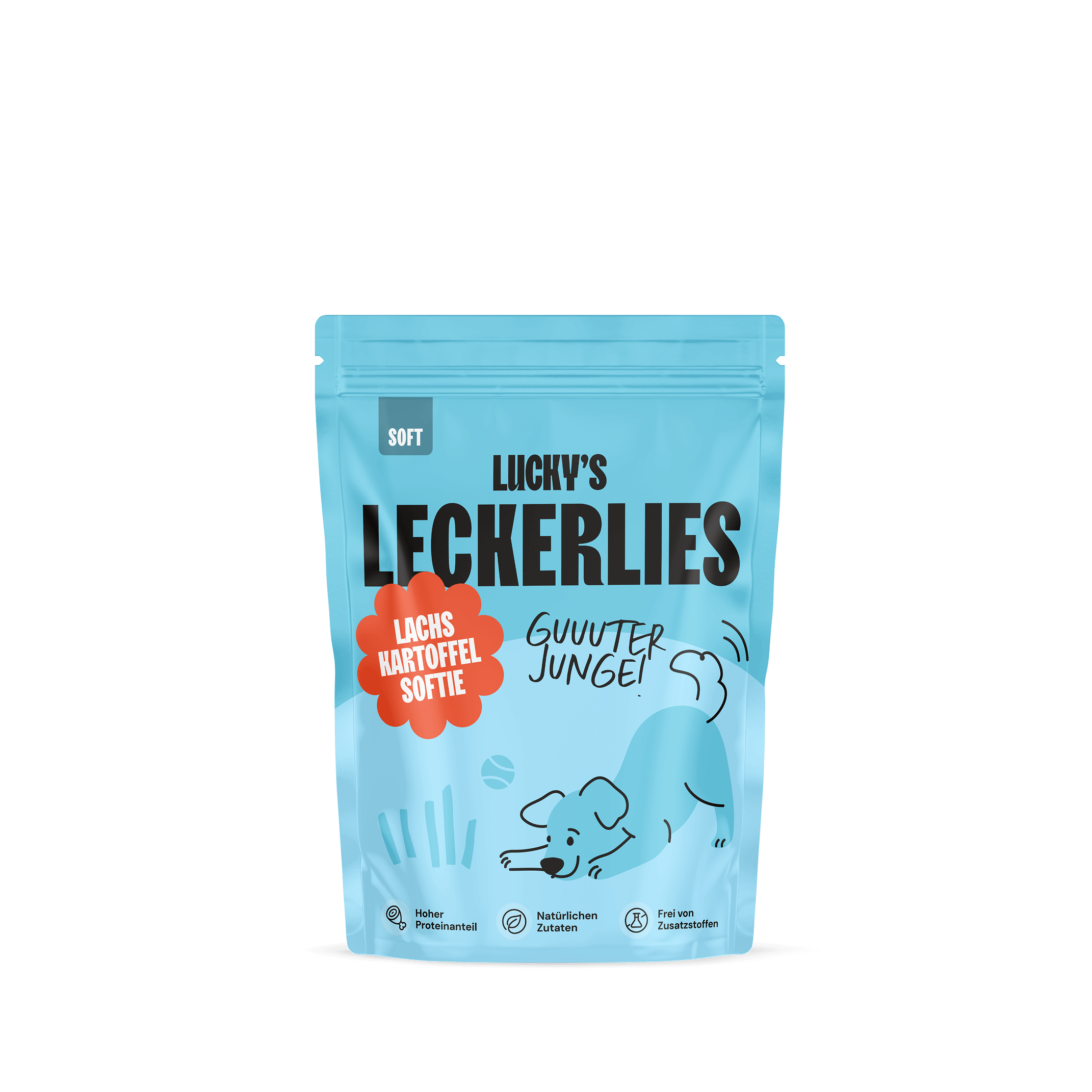 Lachs-Kartoffelsoftie – Leckerli für Hunde in blauer Verpackung mit Hundepfote und verspieltem Design.