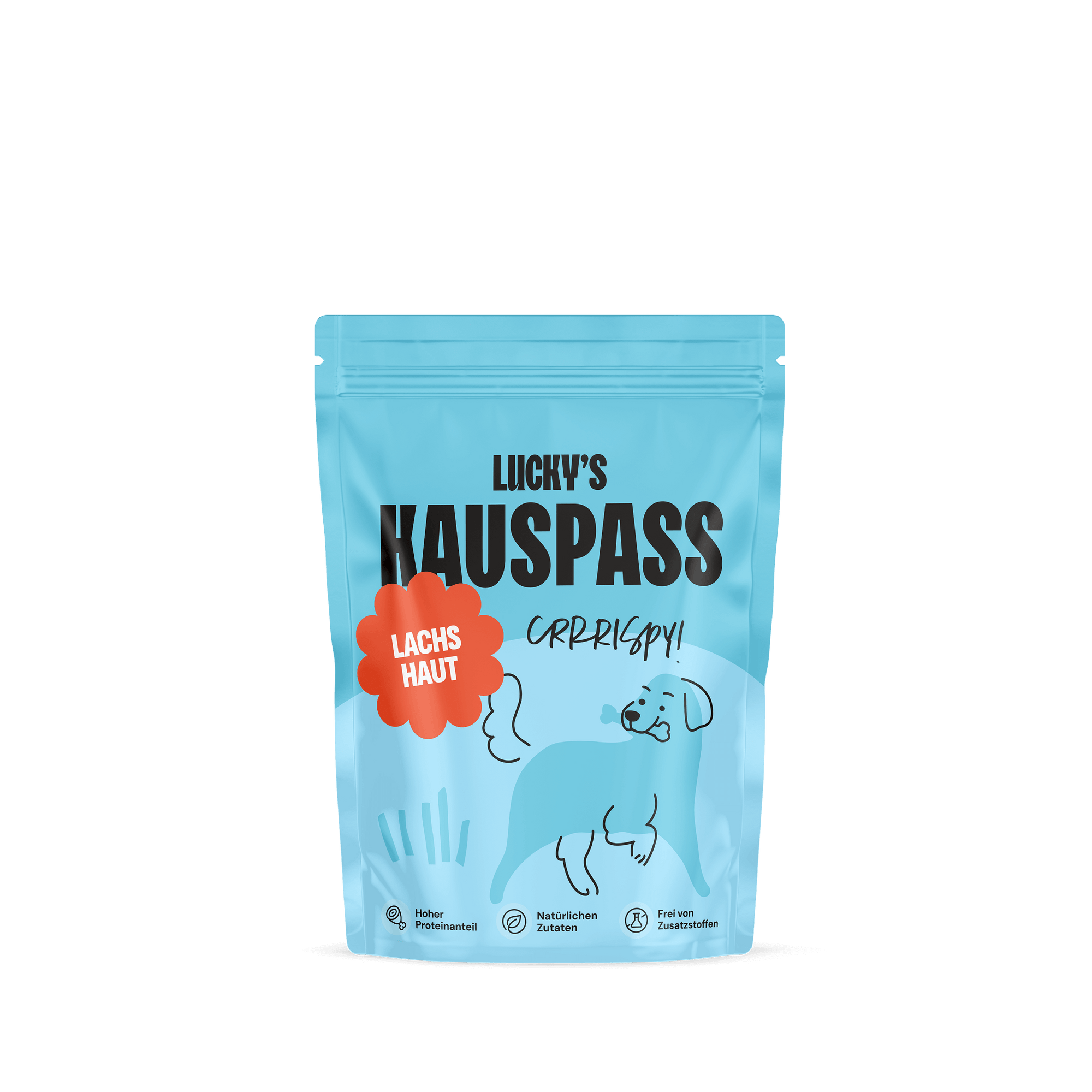 Lachshaut (XL) – Naturkauartikel für Hunde in einer blauen Verpackung von Licky's mit einem Hund und dem Text 'Crispy!'. Ein hochwertiger Snack.