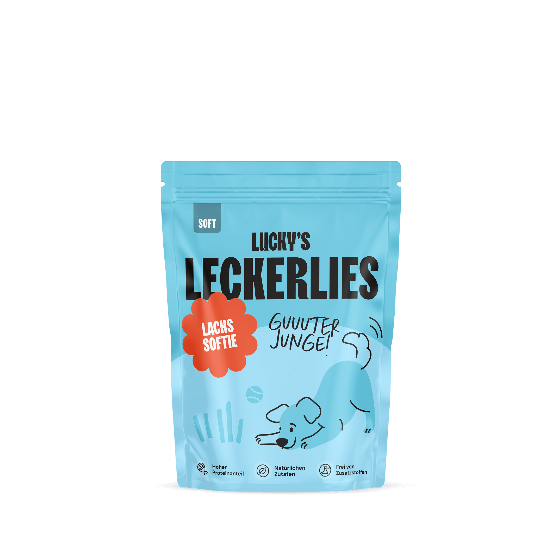 Lachssoftie – Leckerli für Hunde in einer bunten Verpackung für glückliche Vierbeiner.