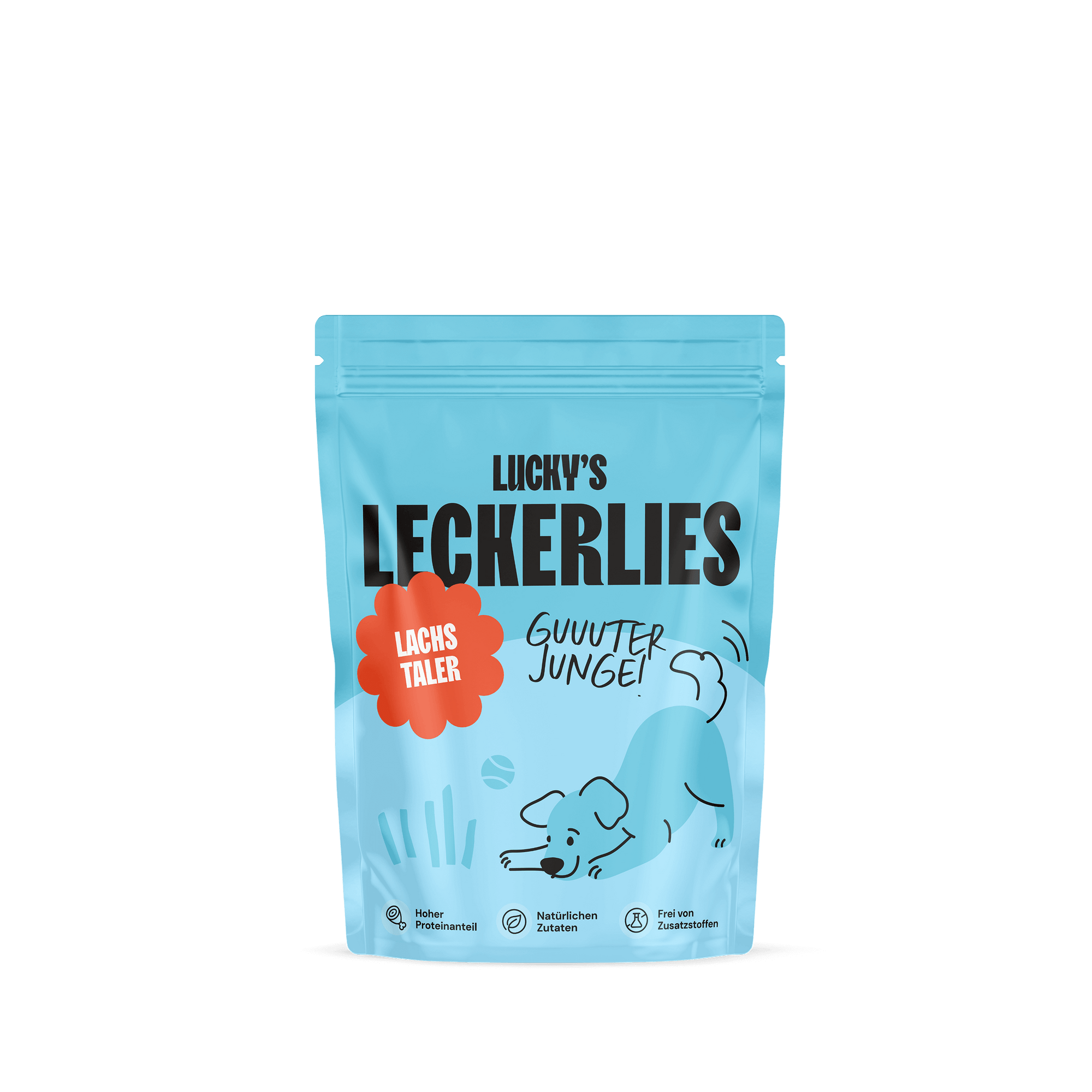 Lachstaler – Leckerli für Hunde in einer blauen Verpackung mit Hund und Text 'Guuuter Junge'.