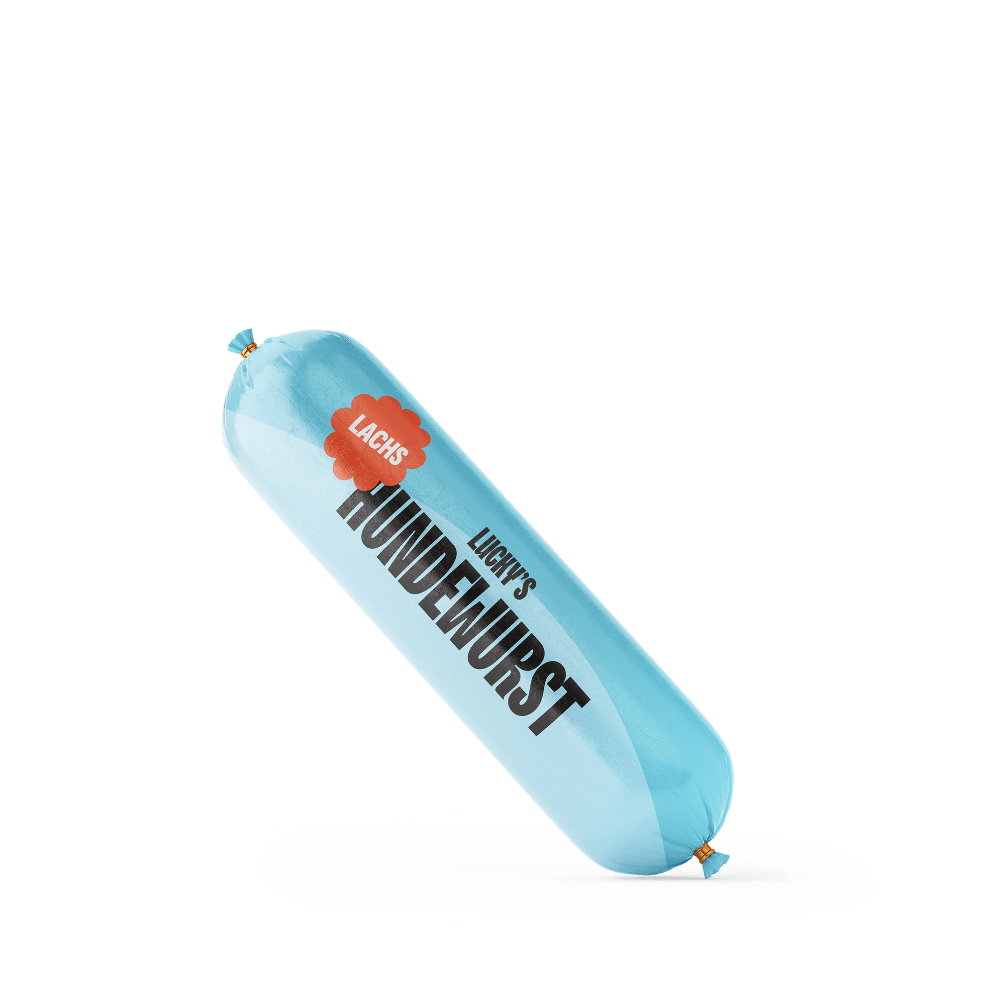 Lachswurst – Schnittfeste Hundewurst aus Muskelfleisch, natürlicher Kausnack für Hunde, verpackt in blauem Folienbeutel.