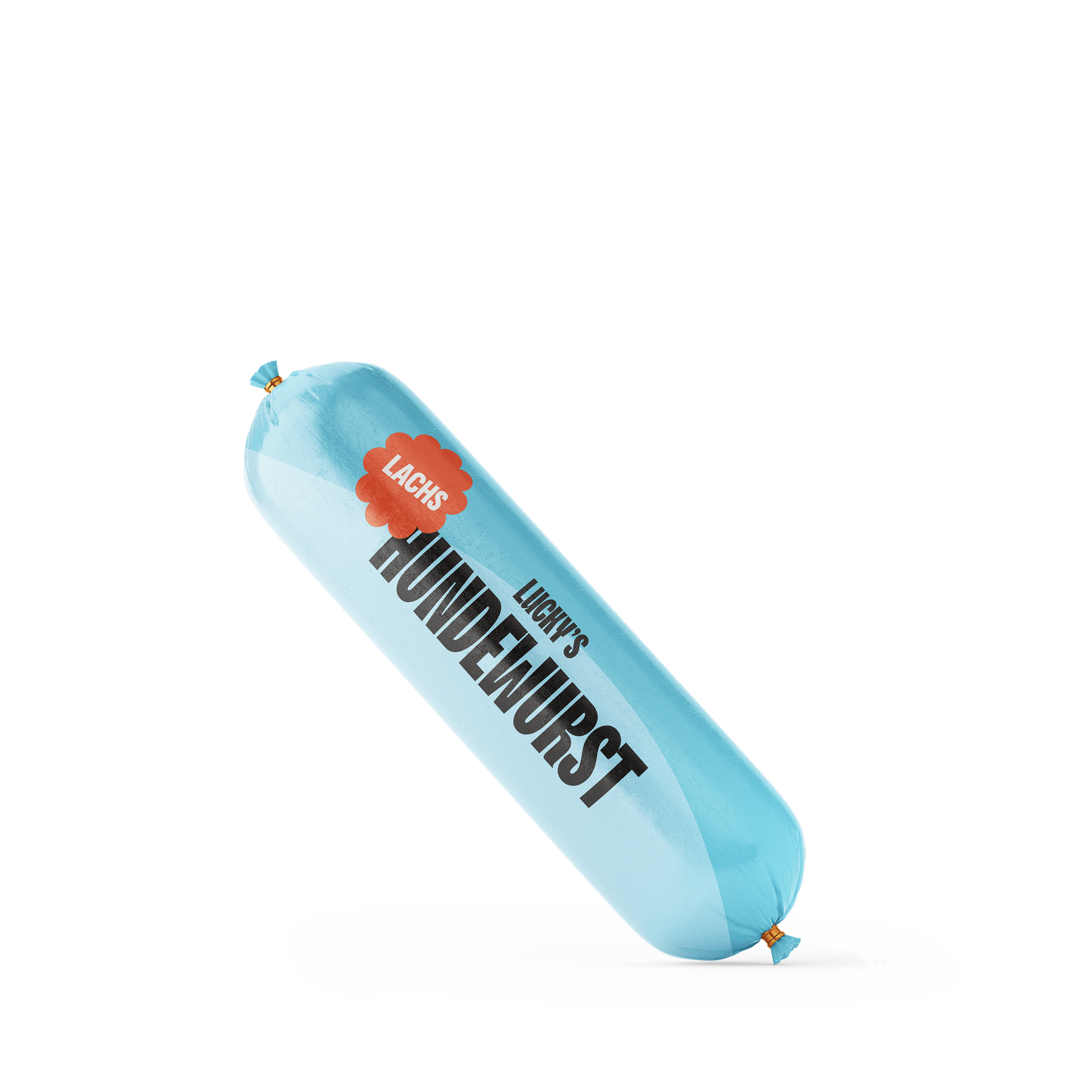 Lachswurst – Schnittfeste Hundewurst aus Muskelfleisch, natürlicher Kausnack für Hunde, verpackt in blauem Folienbeutel.