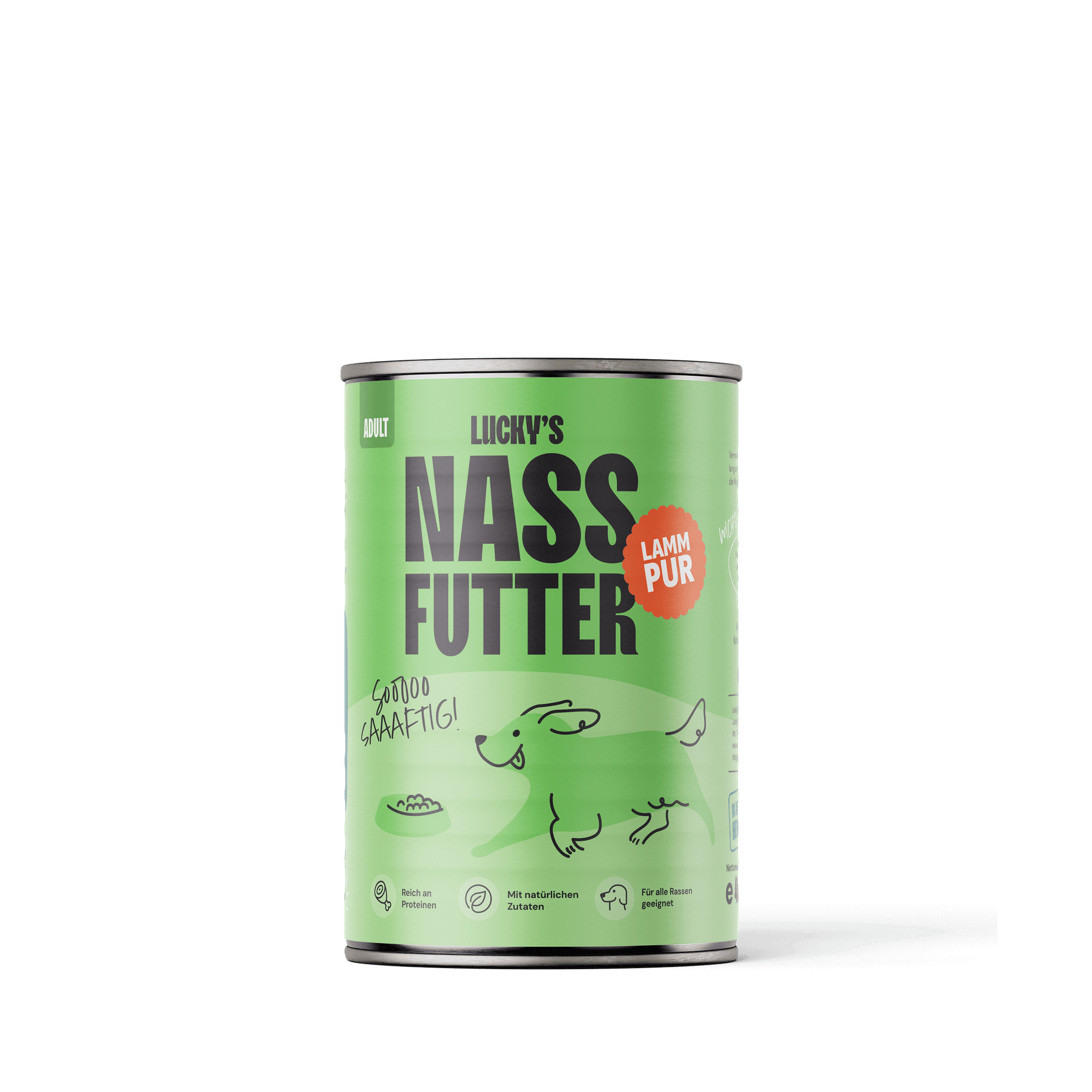 Lamm pur – Nassfutter für Hunde von der Lucky Heaven Ranch in einer grünen Dose, gesund und natürlich.