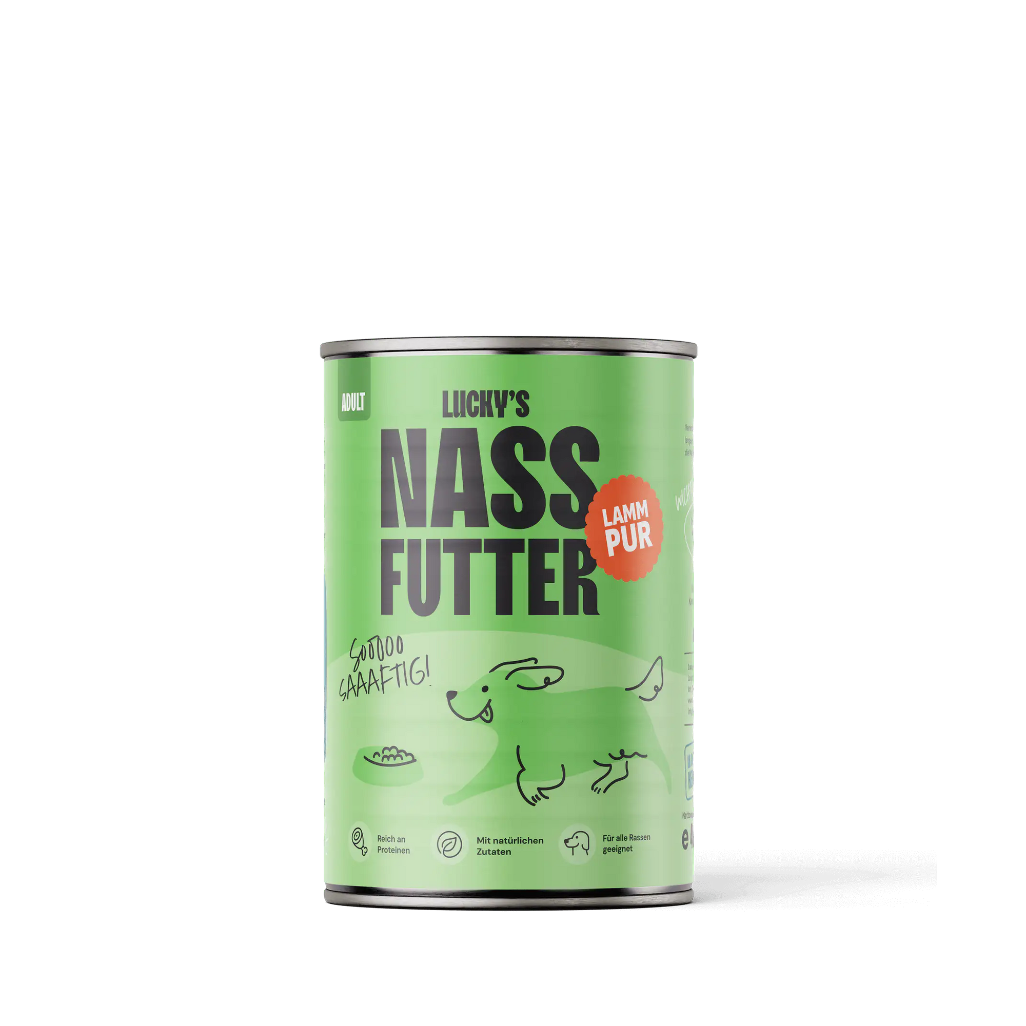 Lamm pur – Nassfutter für Hunde von der Lucky Heaven Ranch in einer grünen Dose, gesund und natürlich.